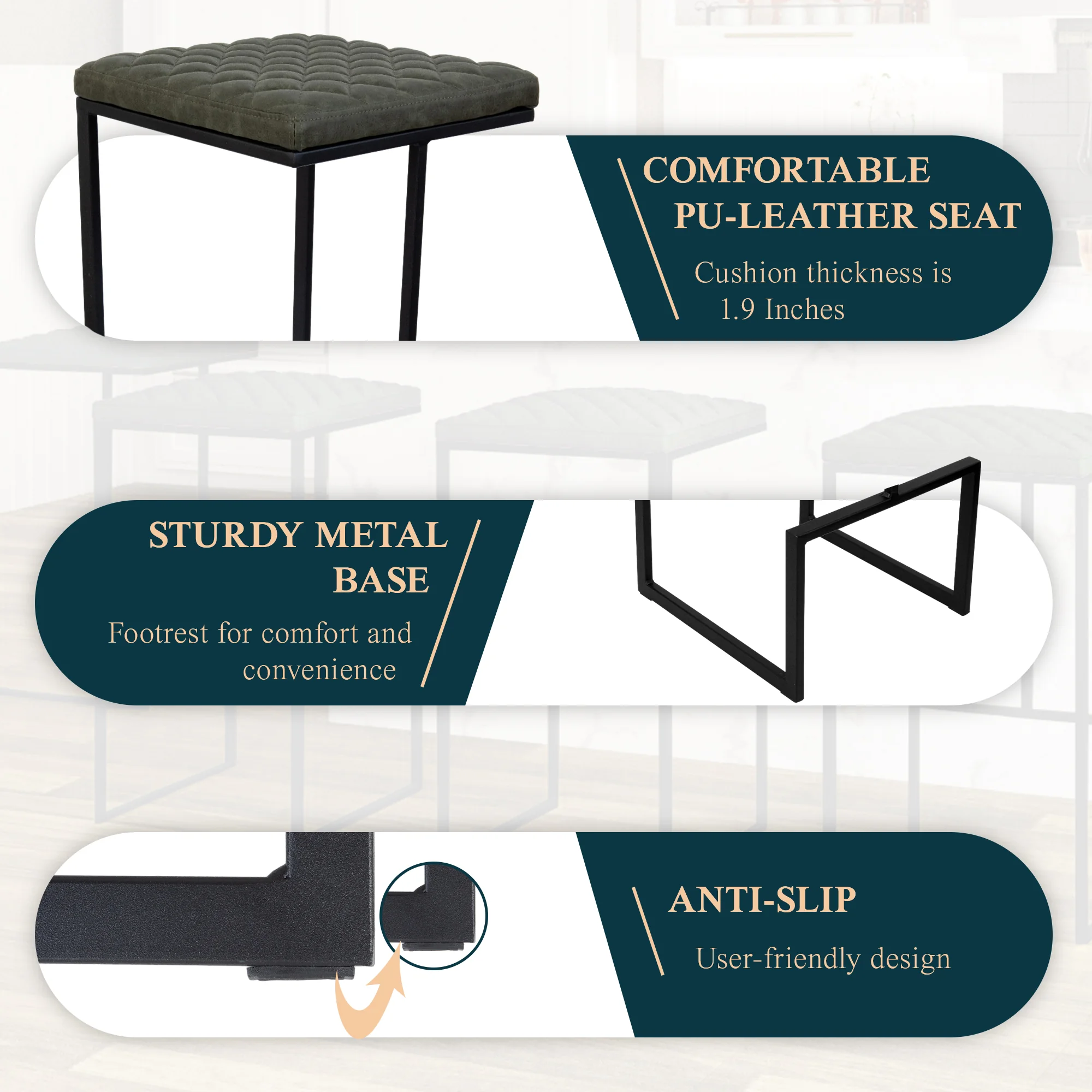 Quincy Leather Bar Stools With Metal Frame Set of 2