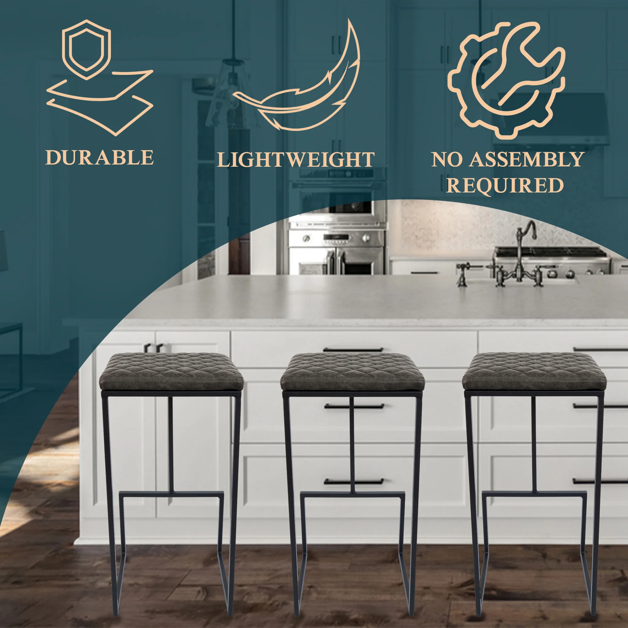 Quincy Quilted Stitched Leather Bar Stools With Metal Frame