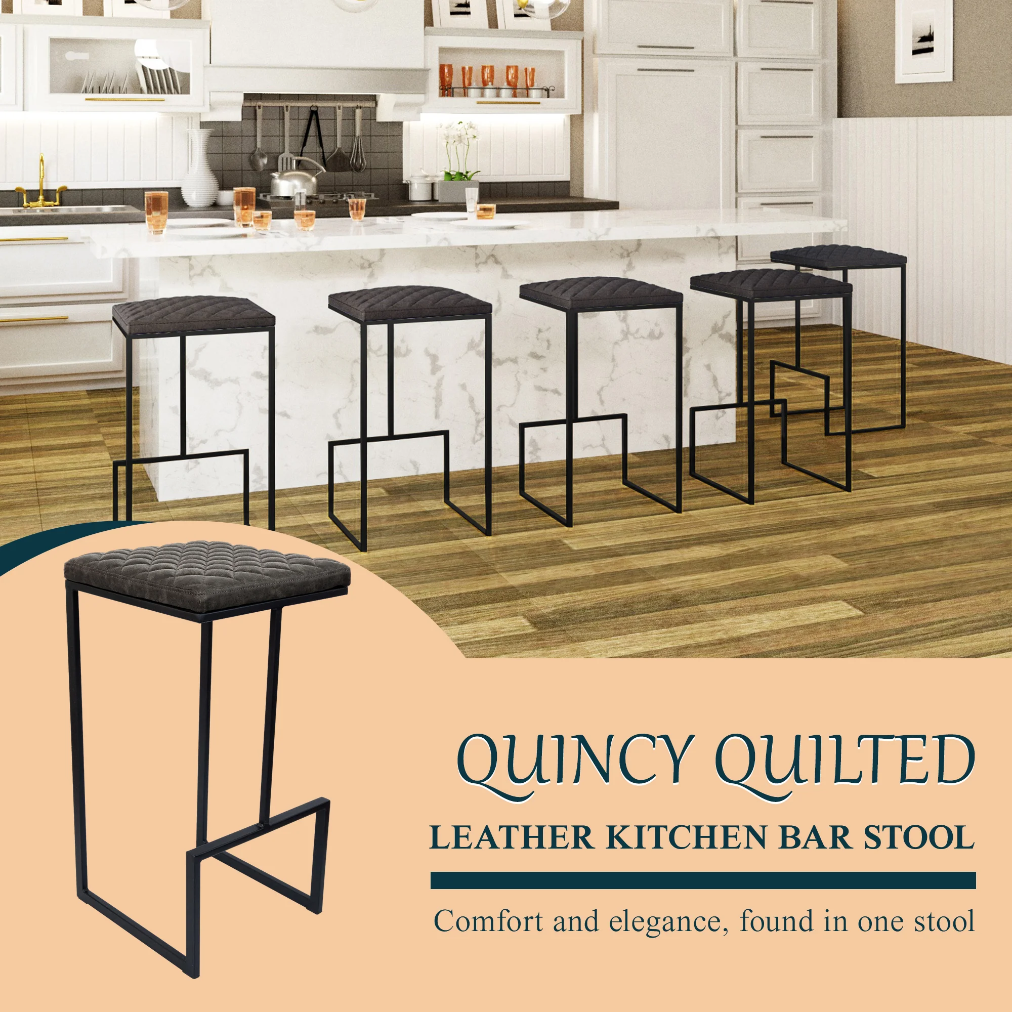 Quincy Leather Bar Stools With Metal Frame Set of 2
