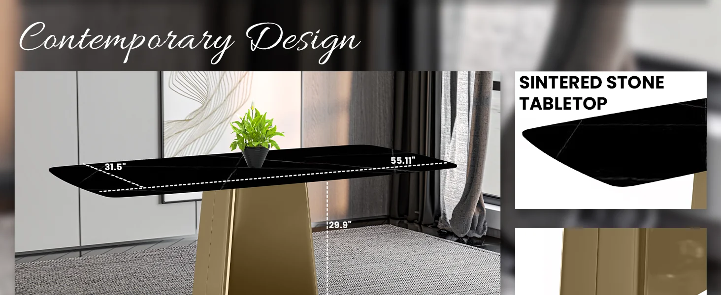 Quinix Series Dining Table, Gold Base With 55" Black Glass Top