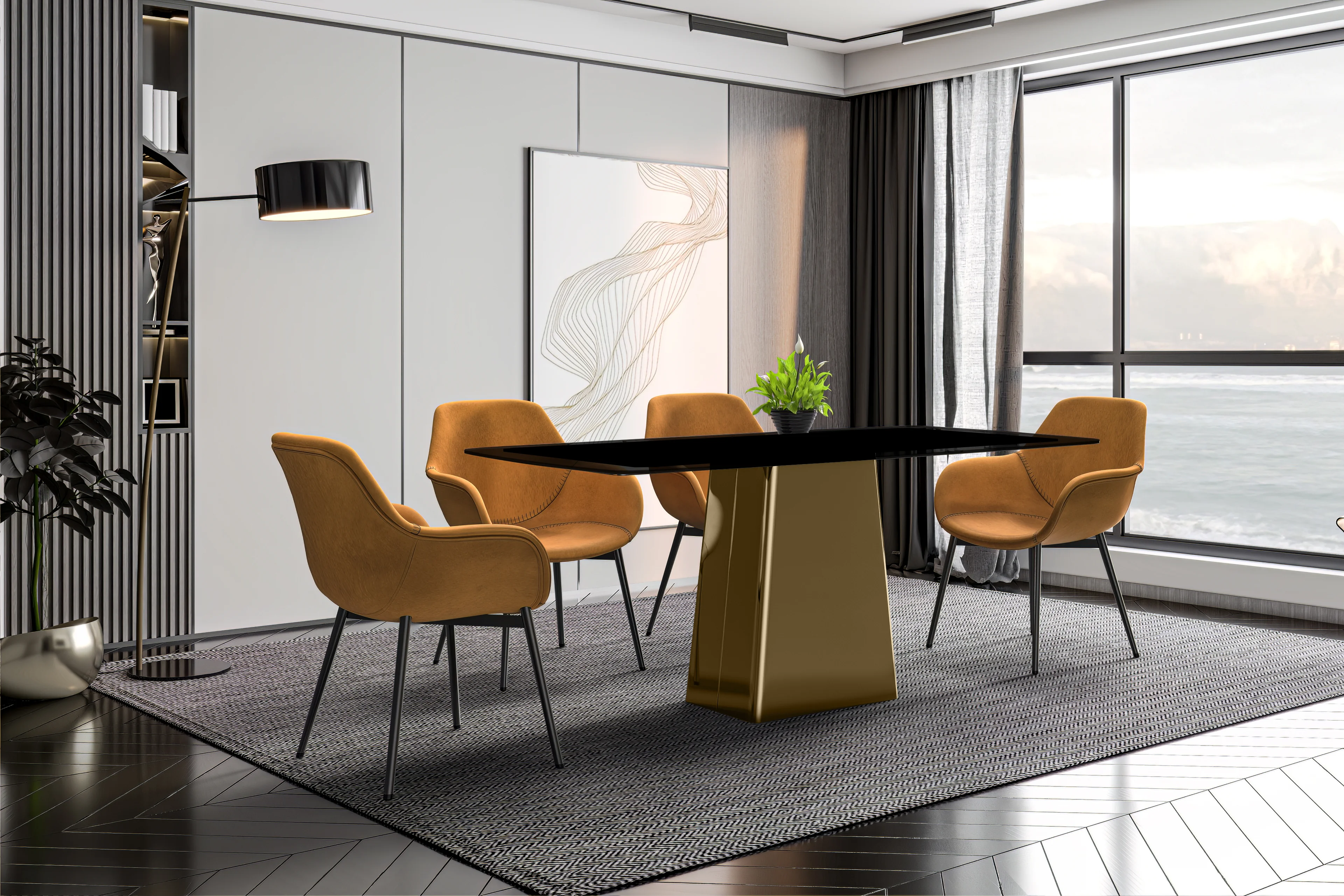 Quinix Series Dining Table, Gold Base With 55" Black Glass Top