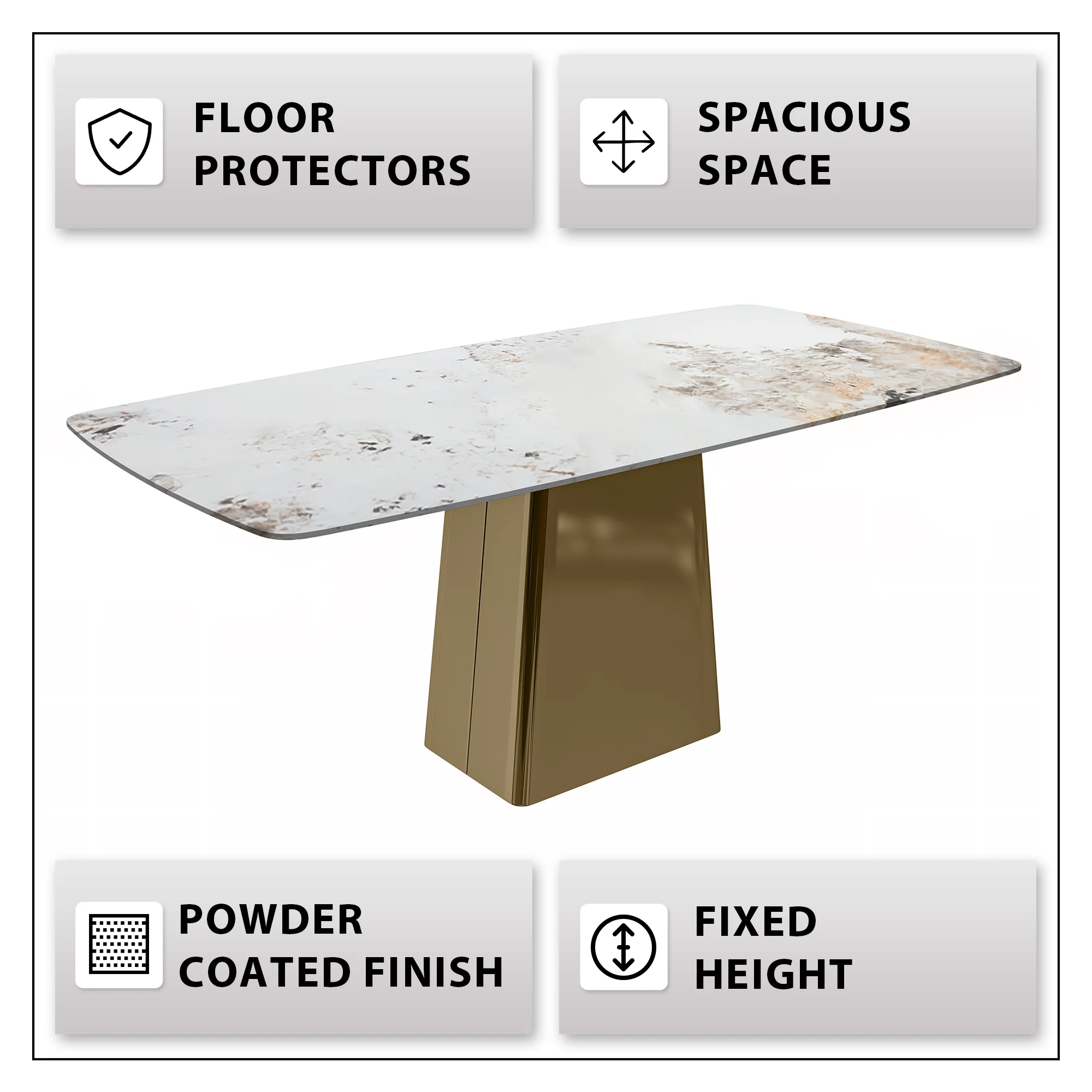 Quinix Series Dining Table, Gold Base With 55" White Grey Sintered Stone Top