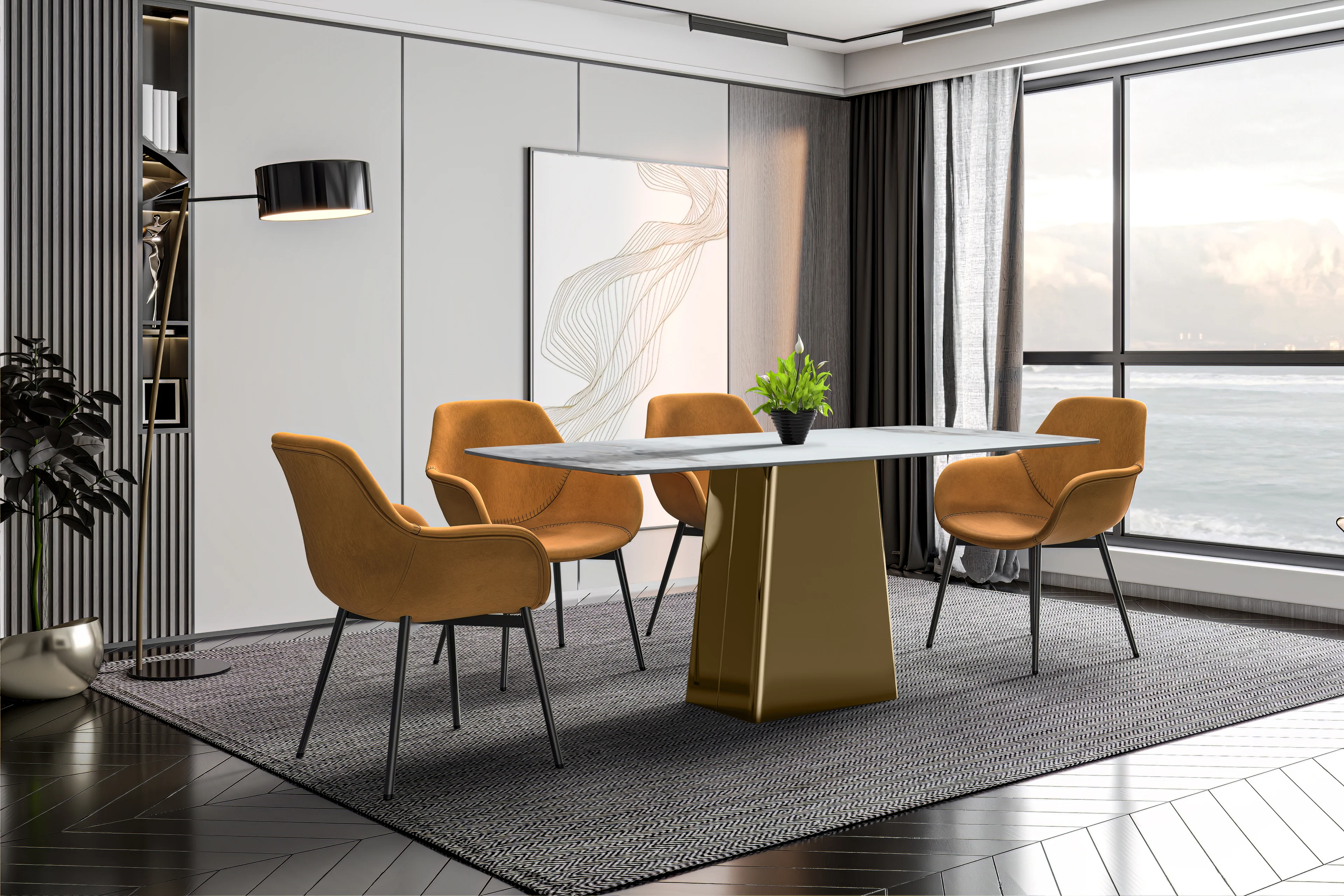 Quinix Series Dining Table, Gold Base With 55" Medium Grey Sintered Stone Top