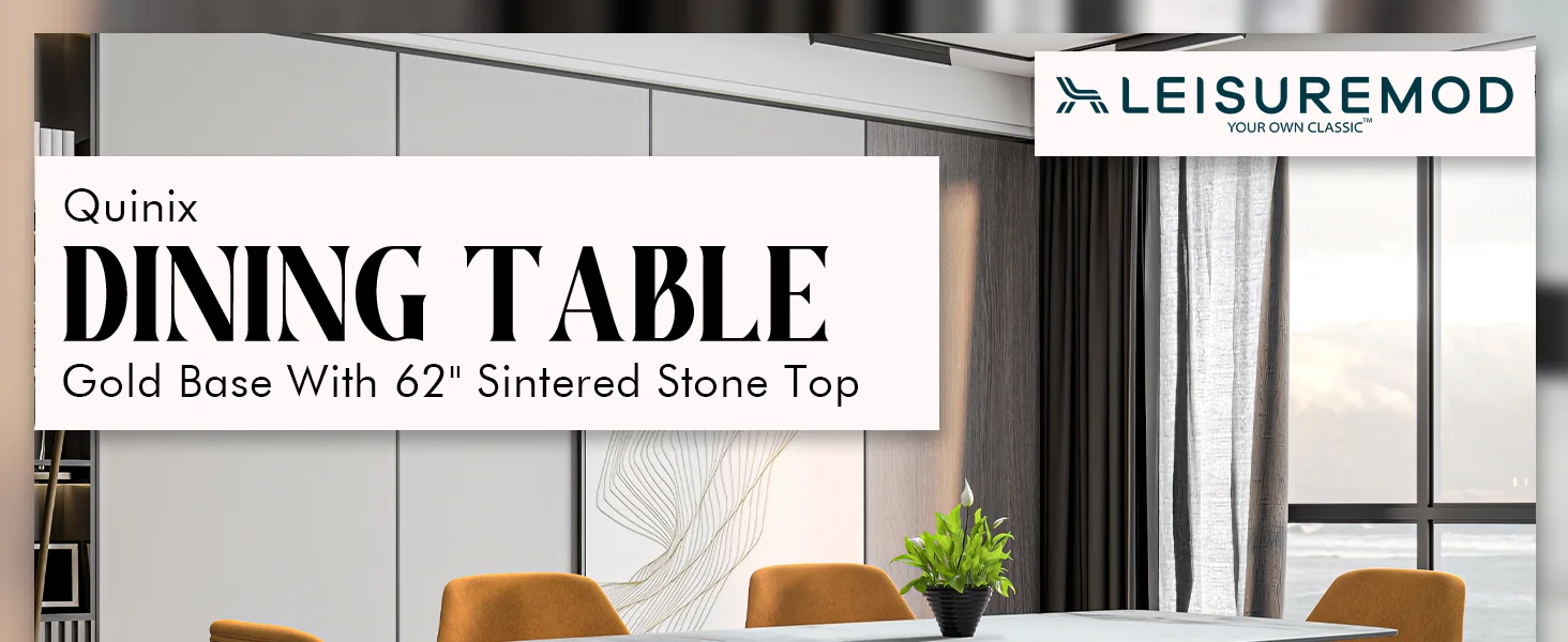 Quinix Series Dining Table, Gold Base With 55" Medium Grey Sintered Stone Top