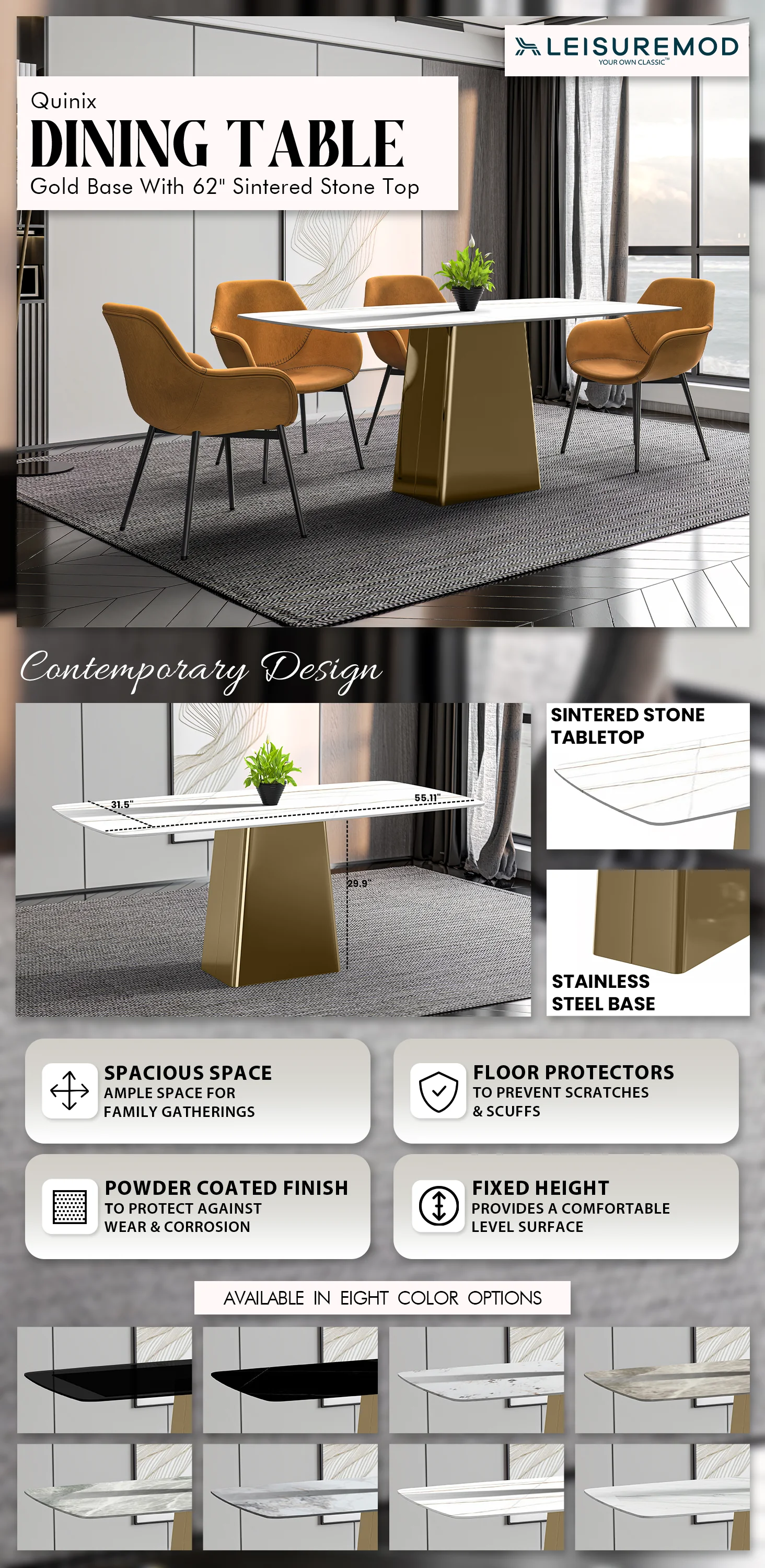 Quinix Series Dining Table, Gold Base With 55" White/Gold Sintered Stone Top