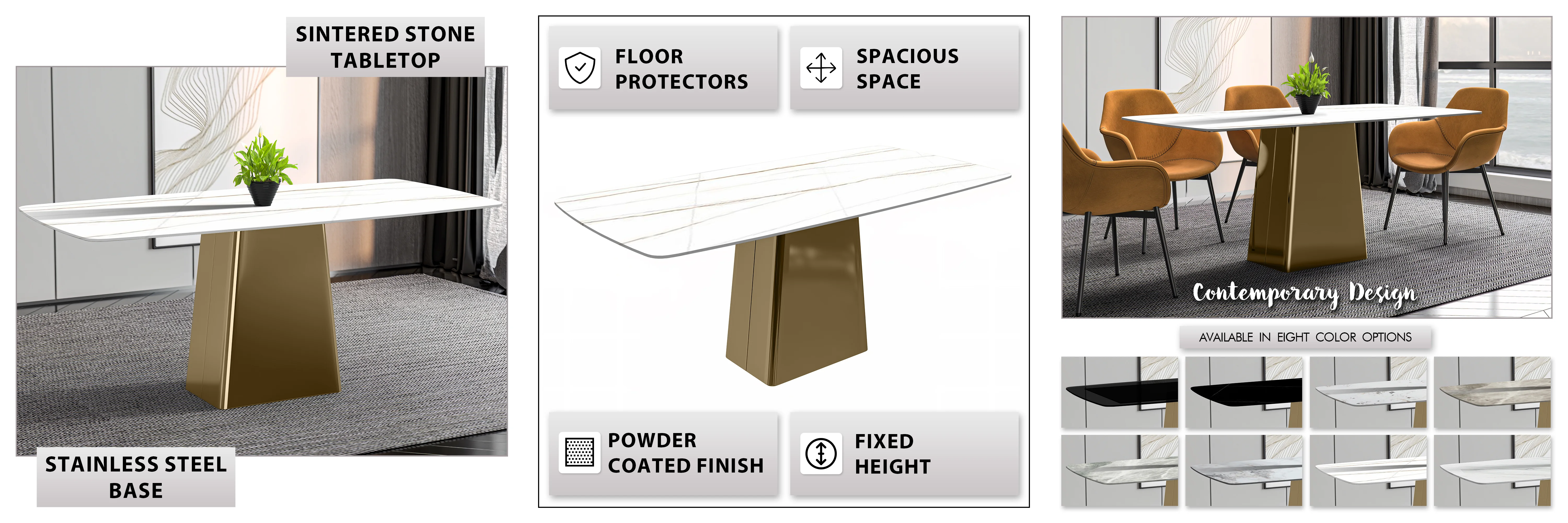 Quinix Series Dining Table, Gold Base With 55" White/Gold Sintered Stone Top