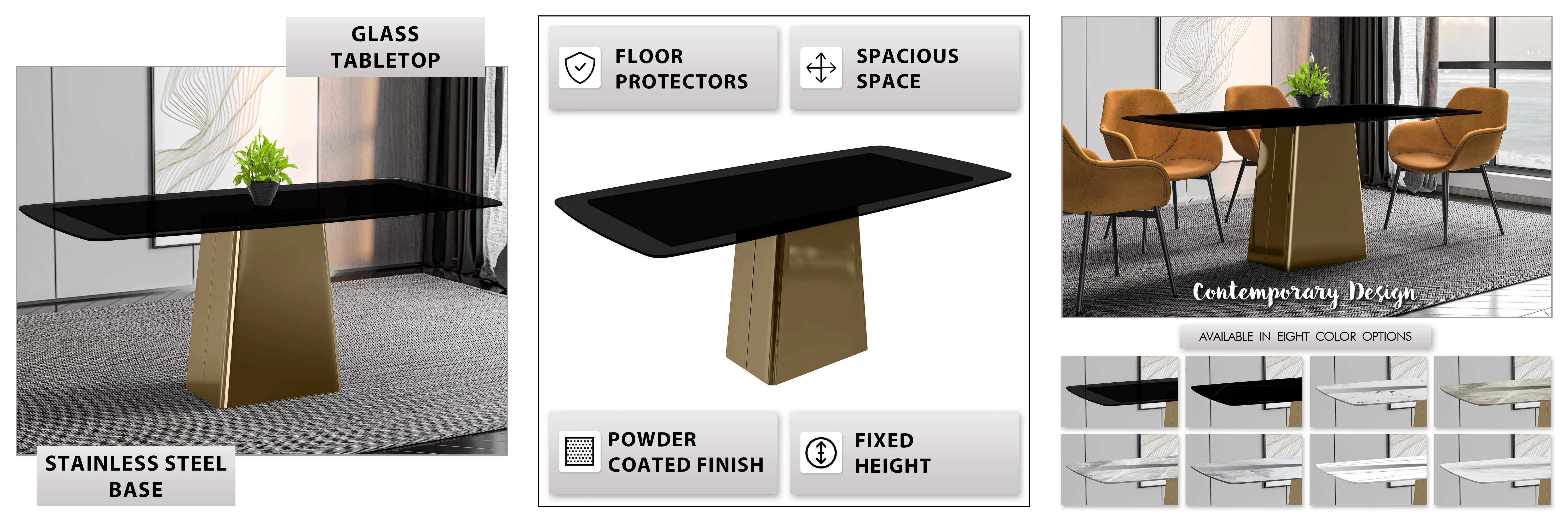 Quinix Series Dining Table, Gold Base With 62" Black Glass Top