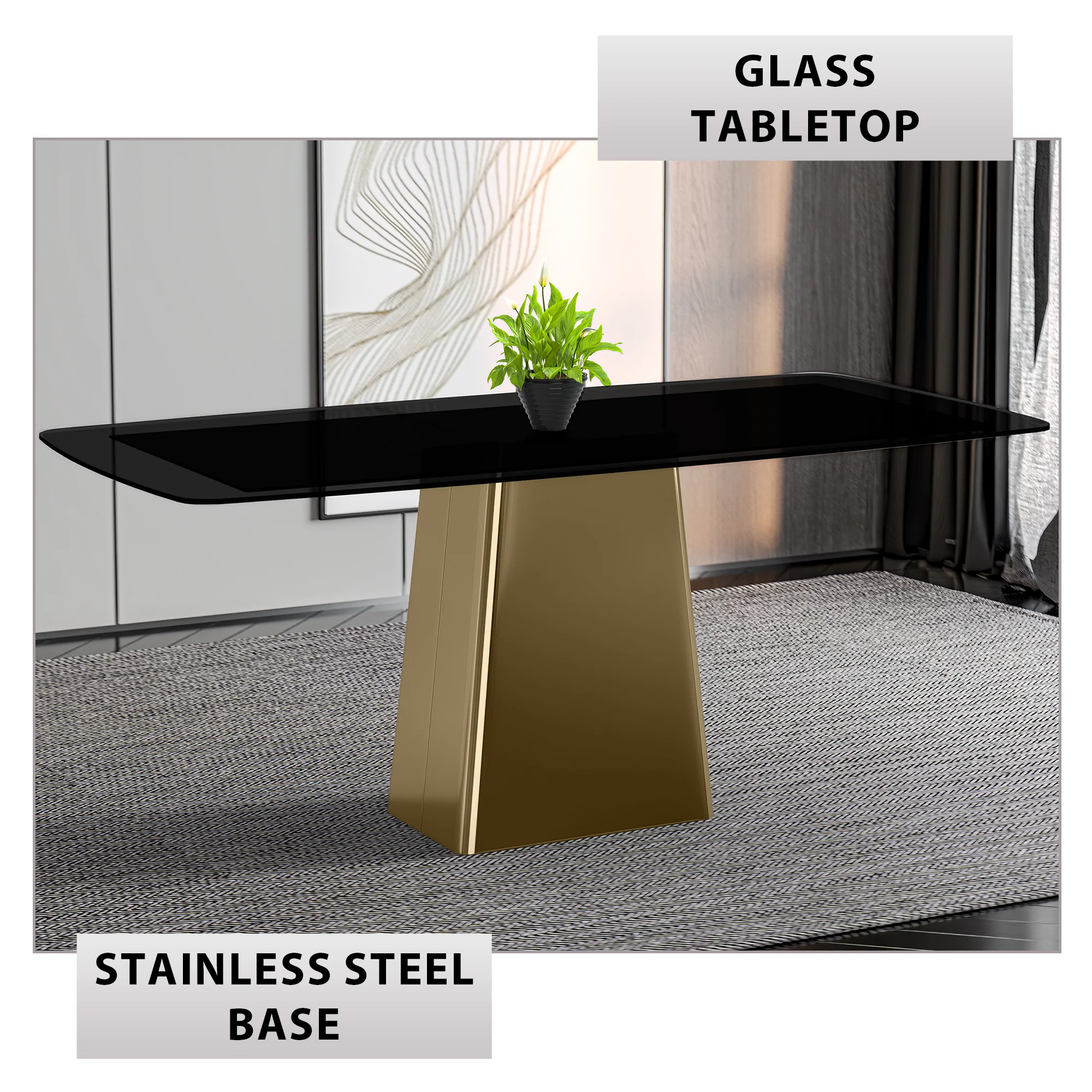 Quinix Series Dining Table, Gold Base With 62" Black Glass Top