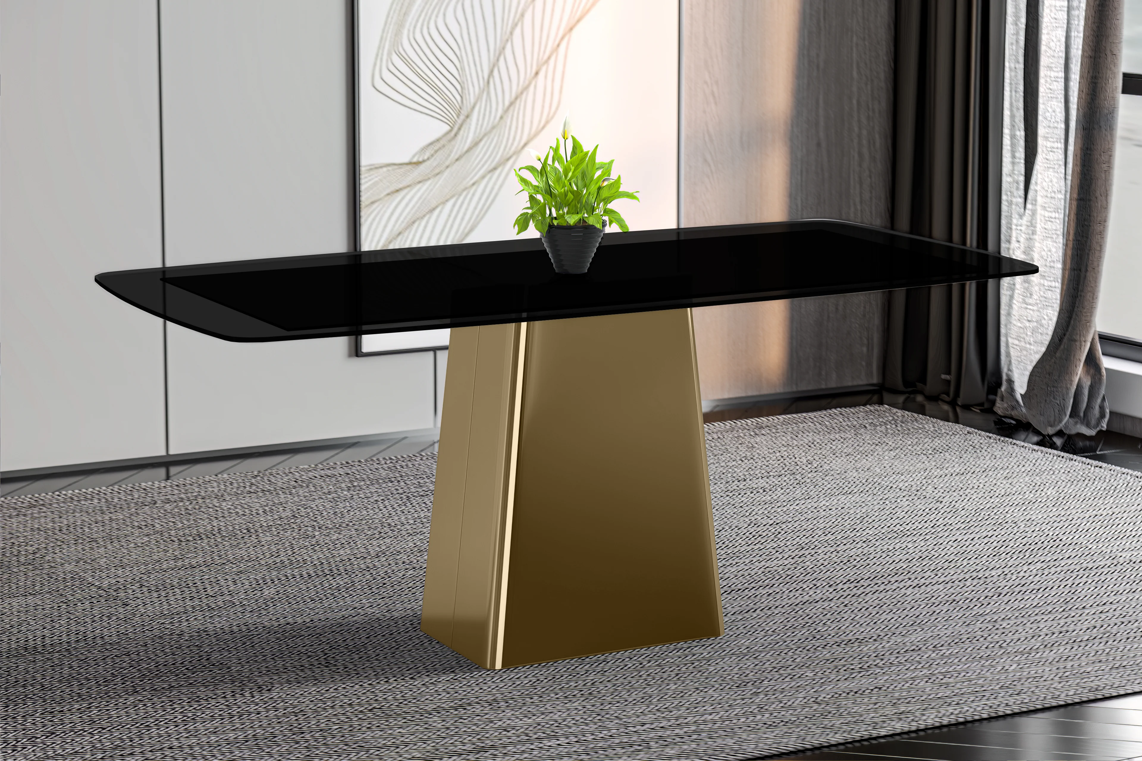 Quinix Series Dining Table, Gold Base With 62" Black Glass Top