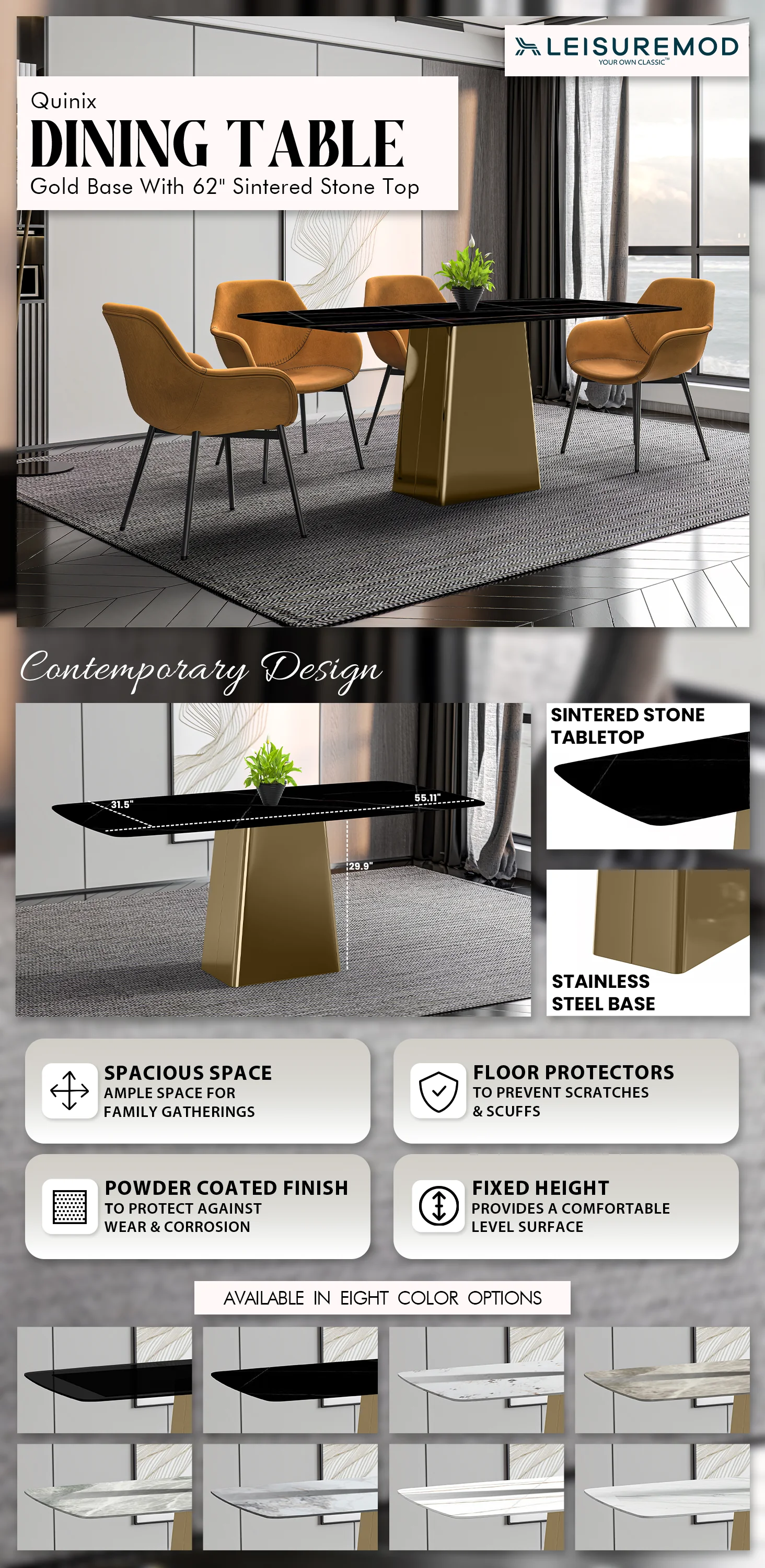 Quinix Series Dining Table, Gold Base With 62" Black/Gold Sintered Stone Top