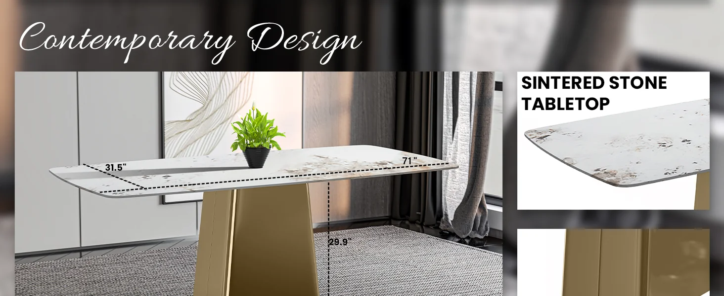 Quinix Series Dining Table, Gold Base With 62" White Grey Sintered Stone Top