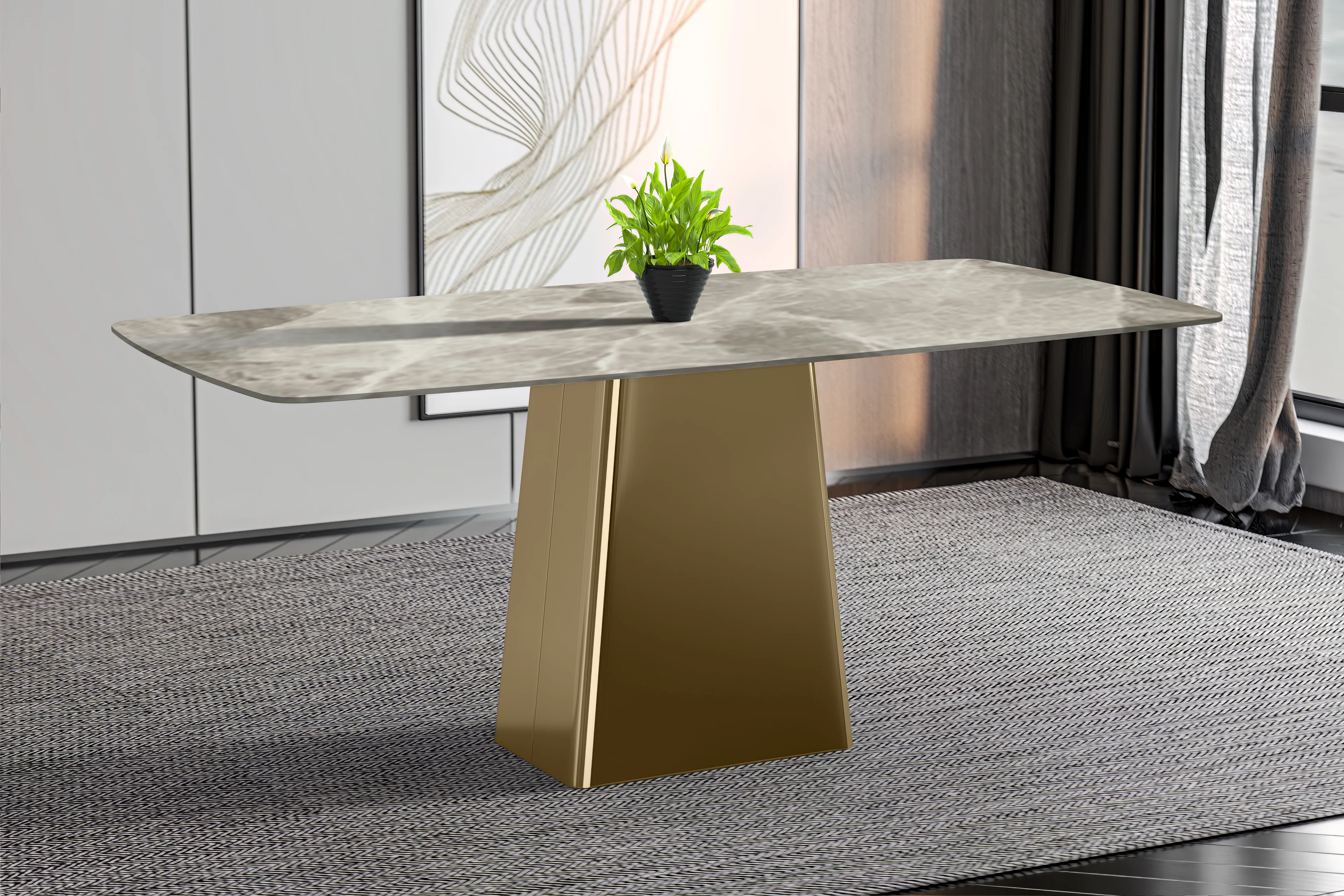 Quinix Series Dining Table, Gold Base With 62" Deep Grey Sintered Stone Top