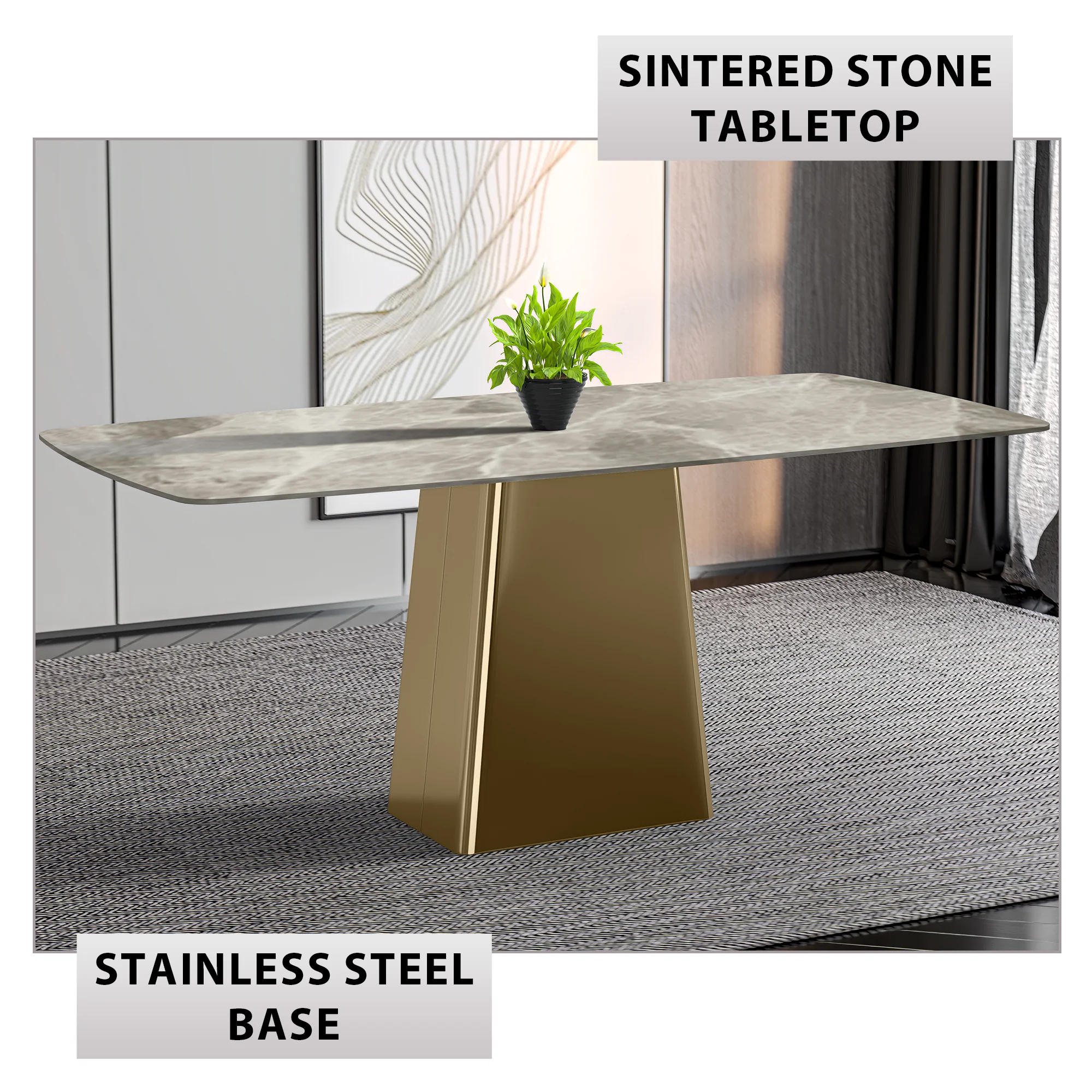 Quinix Series Dining Table, Gold Base With 62" Deep Grey Sintered Stone Top