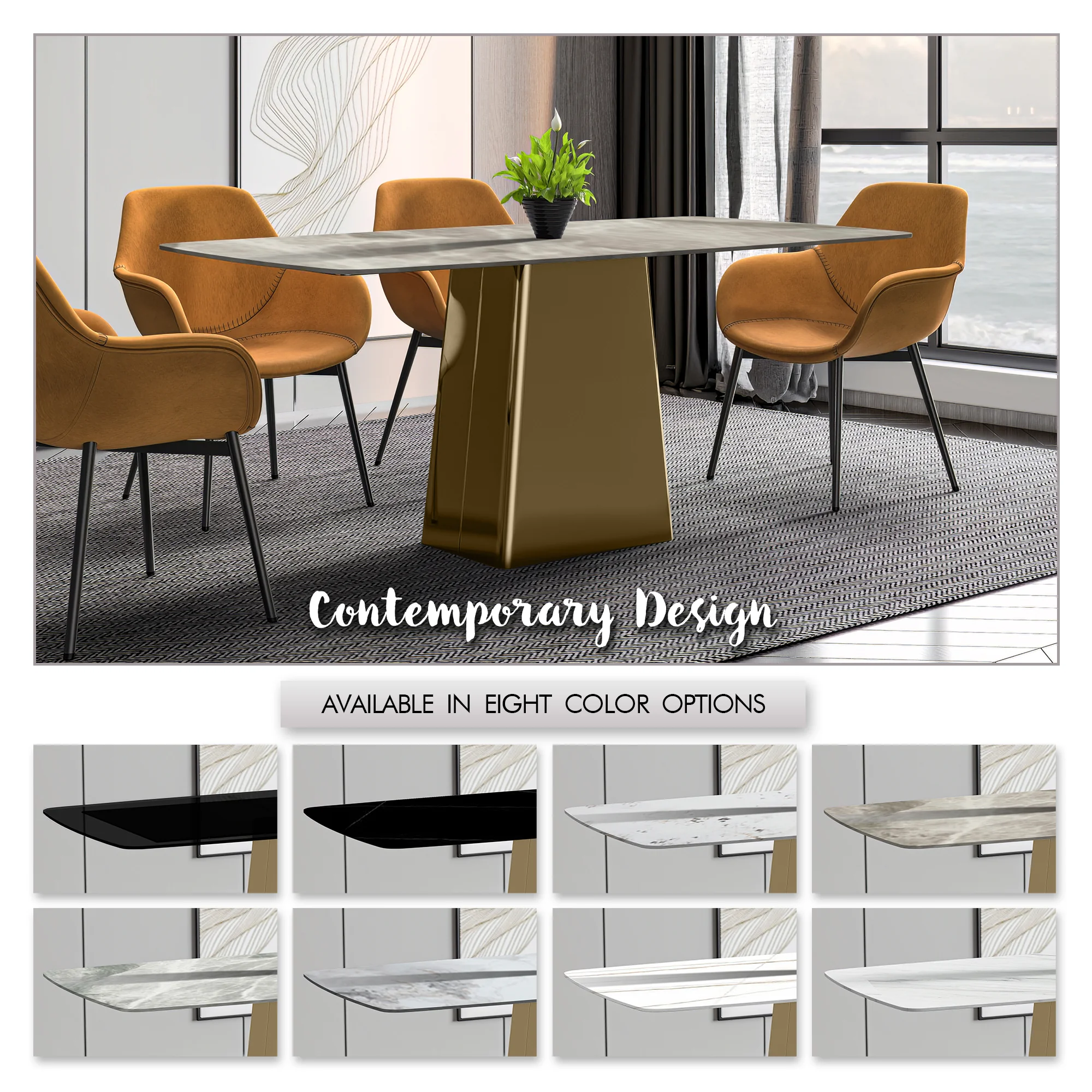 Quinix Series Dining Table, Gold Base With 62" Deep Grey Sintered Stone Top