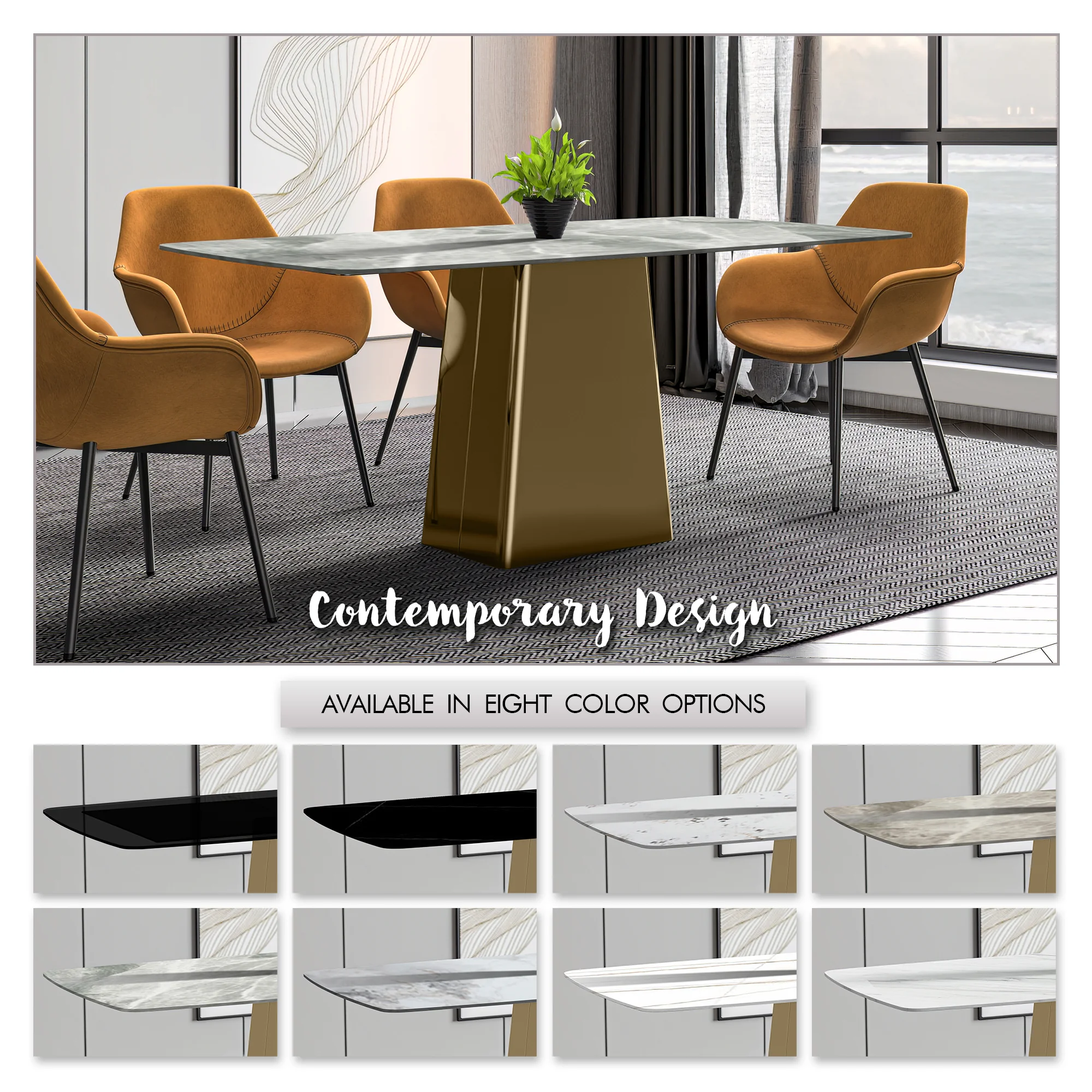 Quinix Series Dining Table, Gold Base With 62" Light Grey Sintered Stone Top