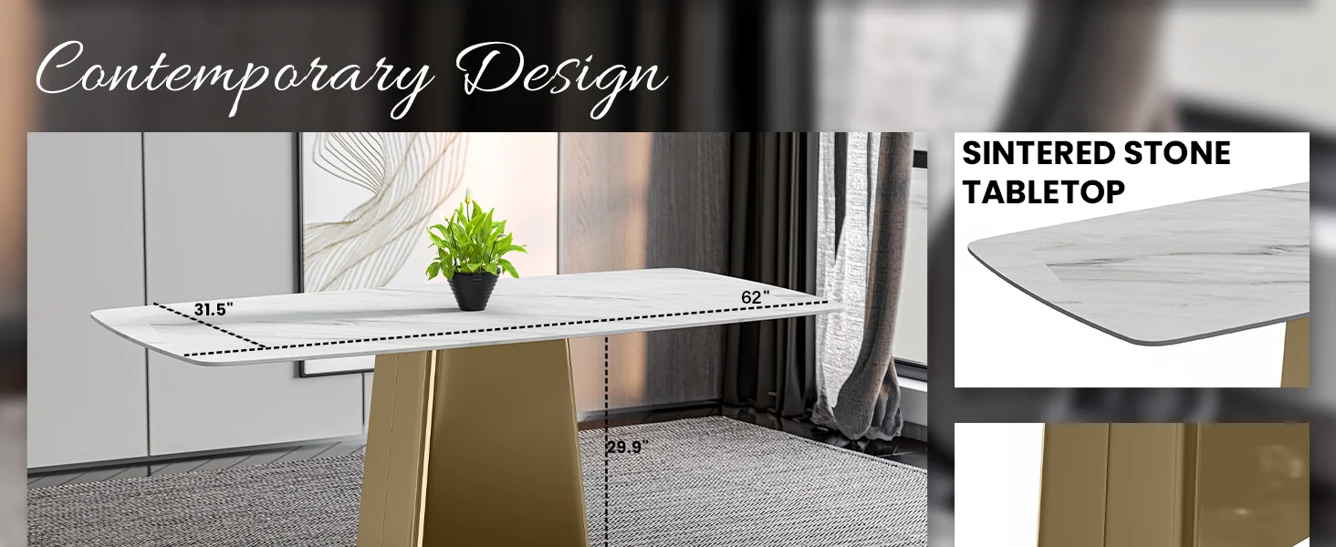 Quinix Series Dining Table, Gold Base With 62" White Sintered Stone Top