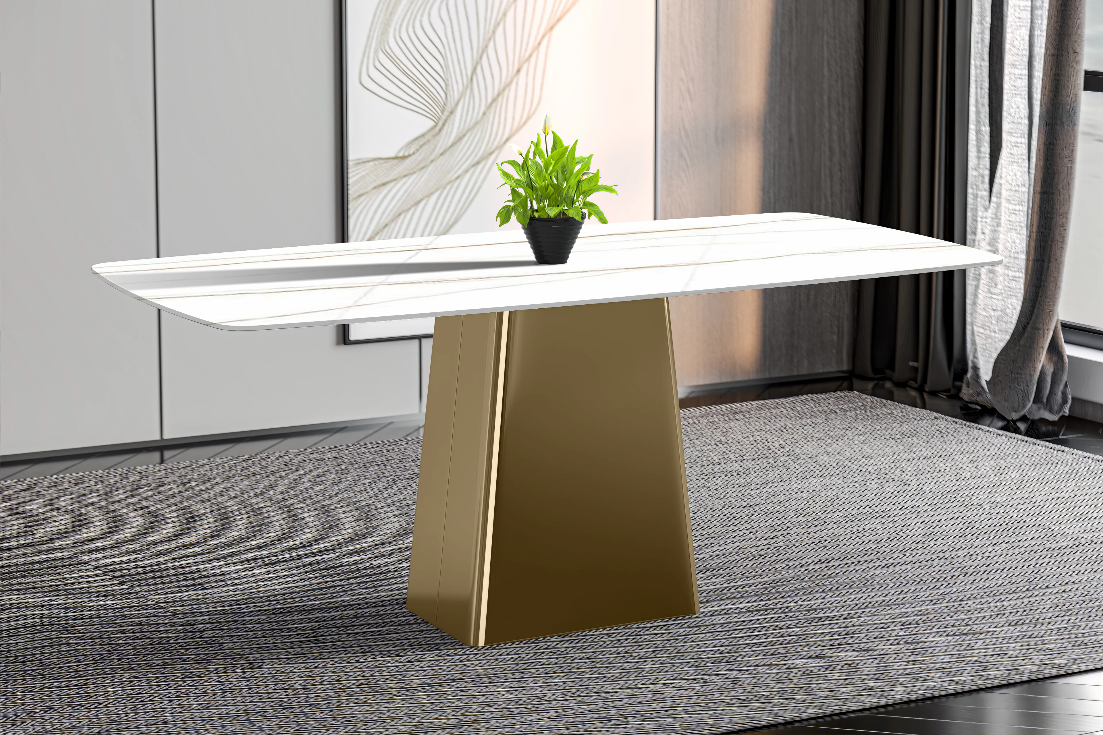 Quinix Series Dining Table, Gold Base With 62" White/Gold Sintered Stone Top