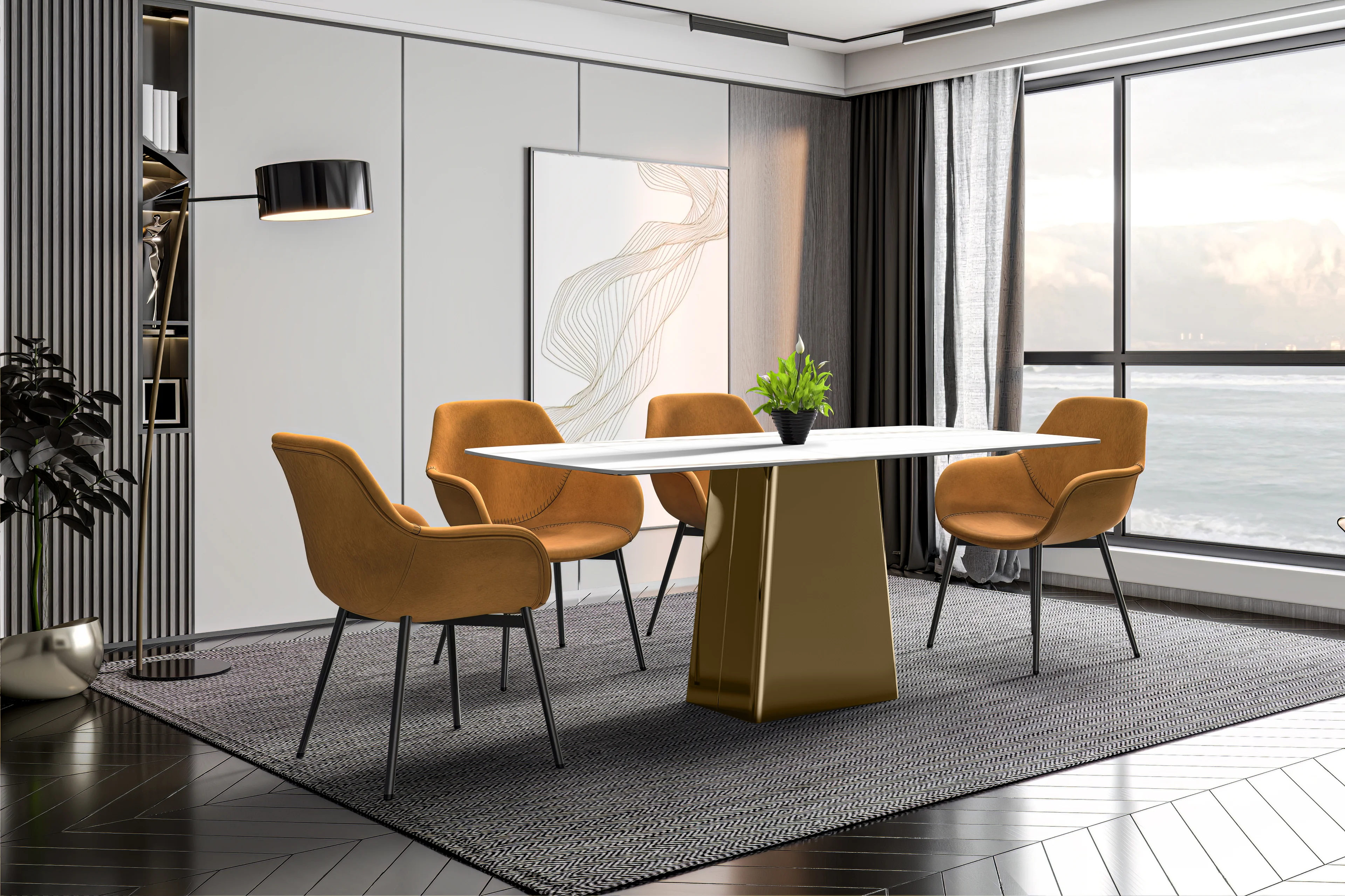 Quinix Series Dining Table, Gold Base With 62" White/Gold Sintered Stone Top