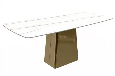 Quinix Series Dining Table, Gold Base With 62" White/Gold Sintered Stone Top