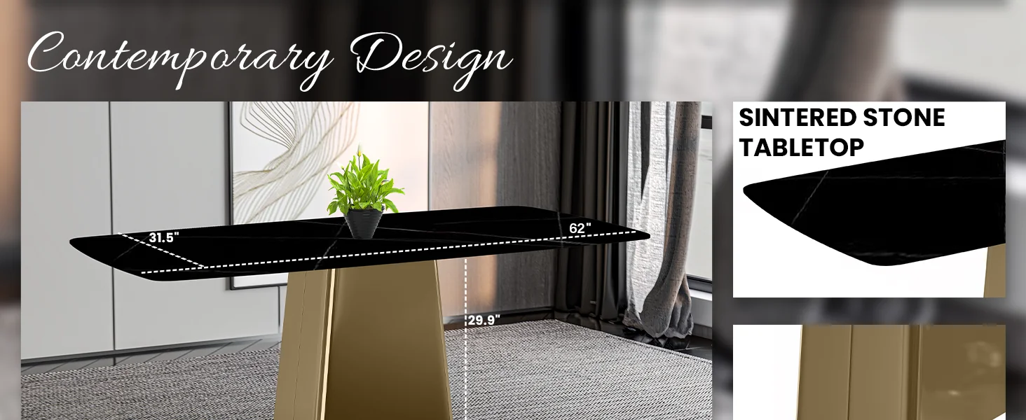 Quinix Series Dining Table, Gold Base With 71" Black Glass Top