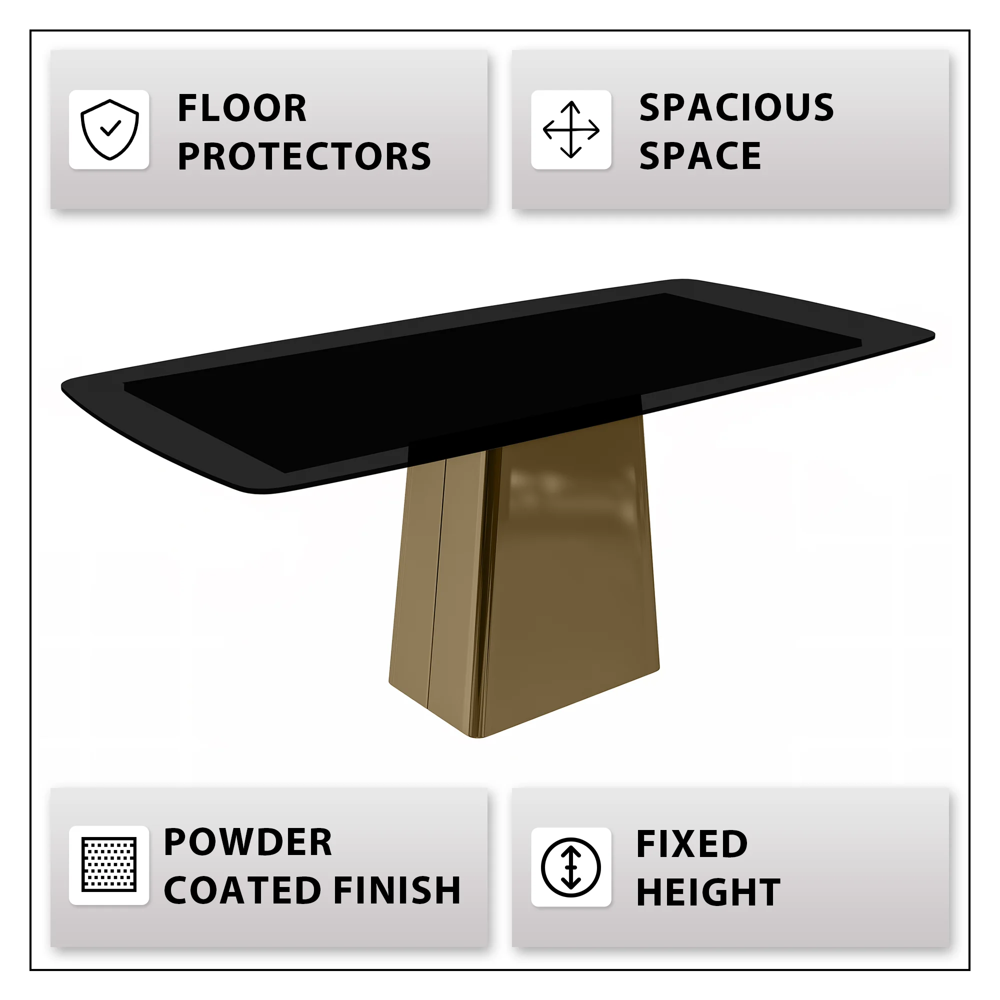 Quinix Series Dining Table, Gold Base With 71" Black Glass Top