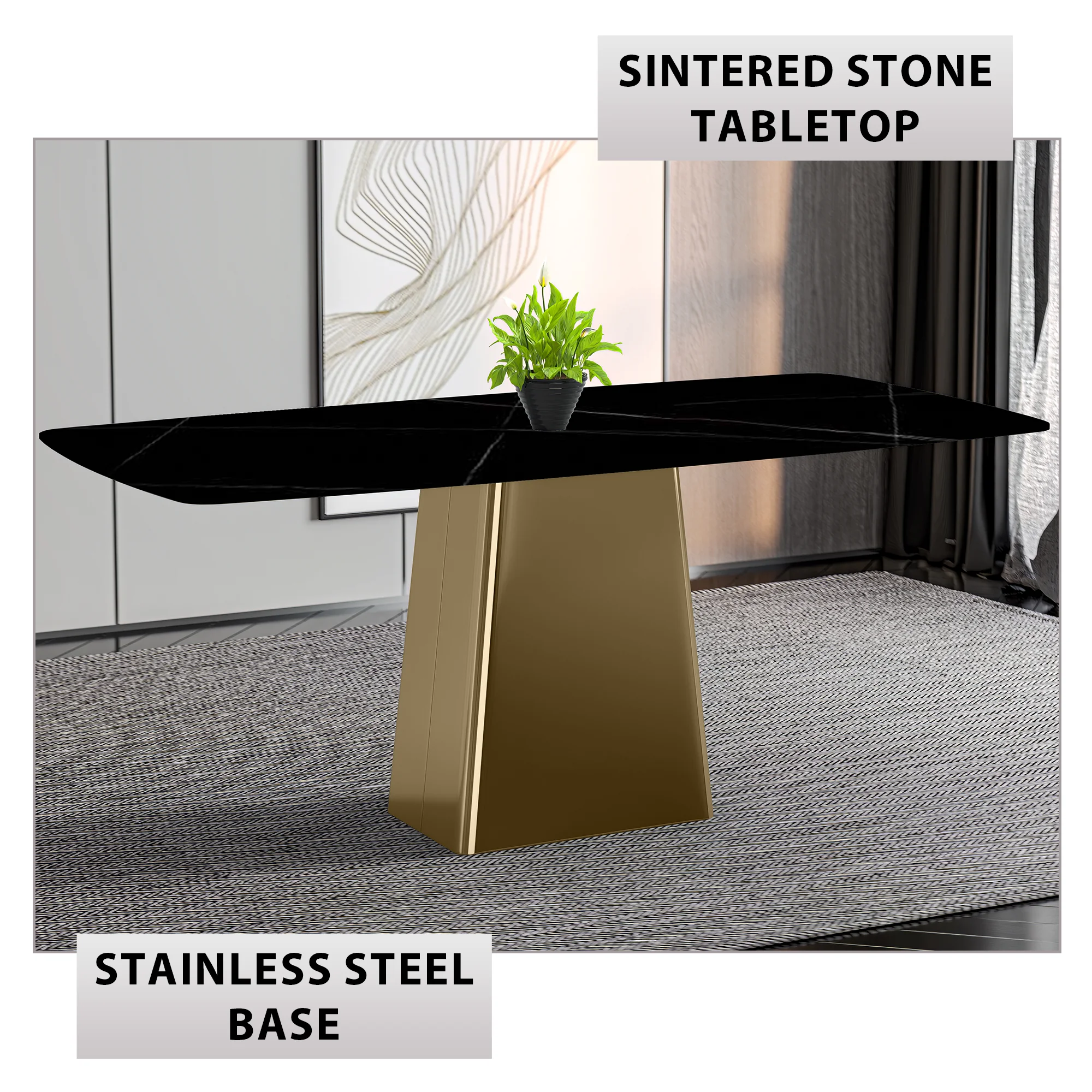 Quinix Series Dining Table, Gold Base With 71" Black/Gold Sintered Stone Top