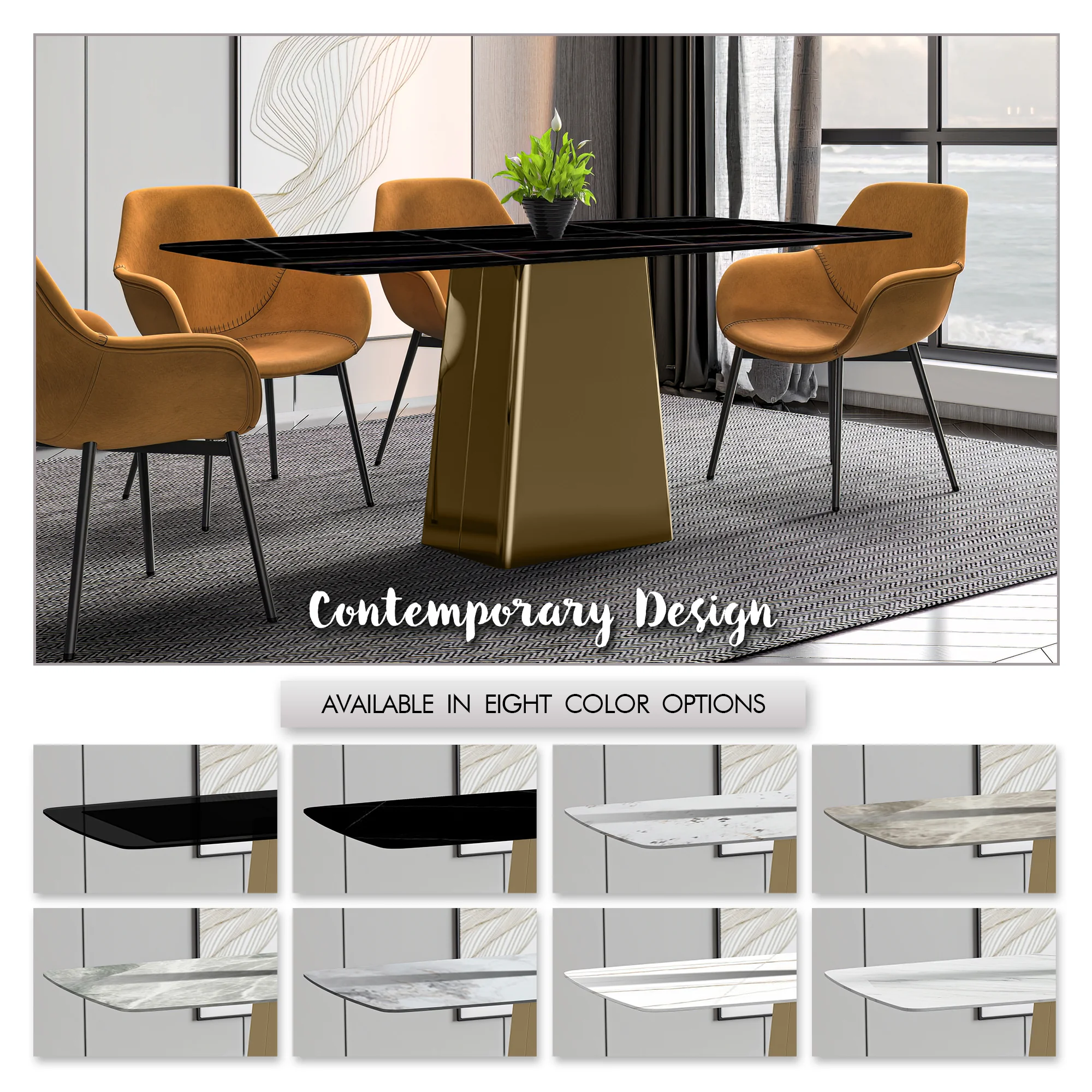 Quinix Series Dining Table, Gold Base With 71" Black/Gold Sintered Stone Top