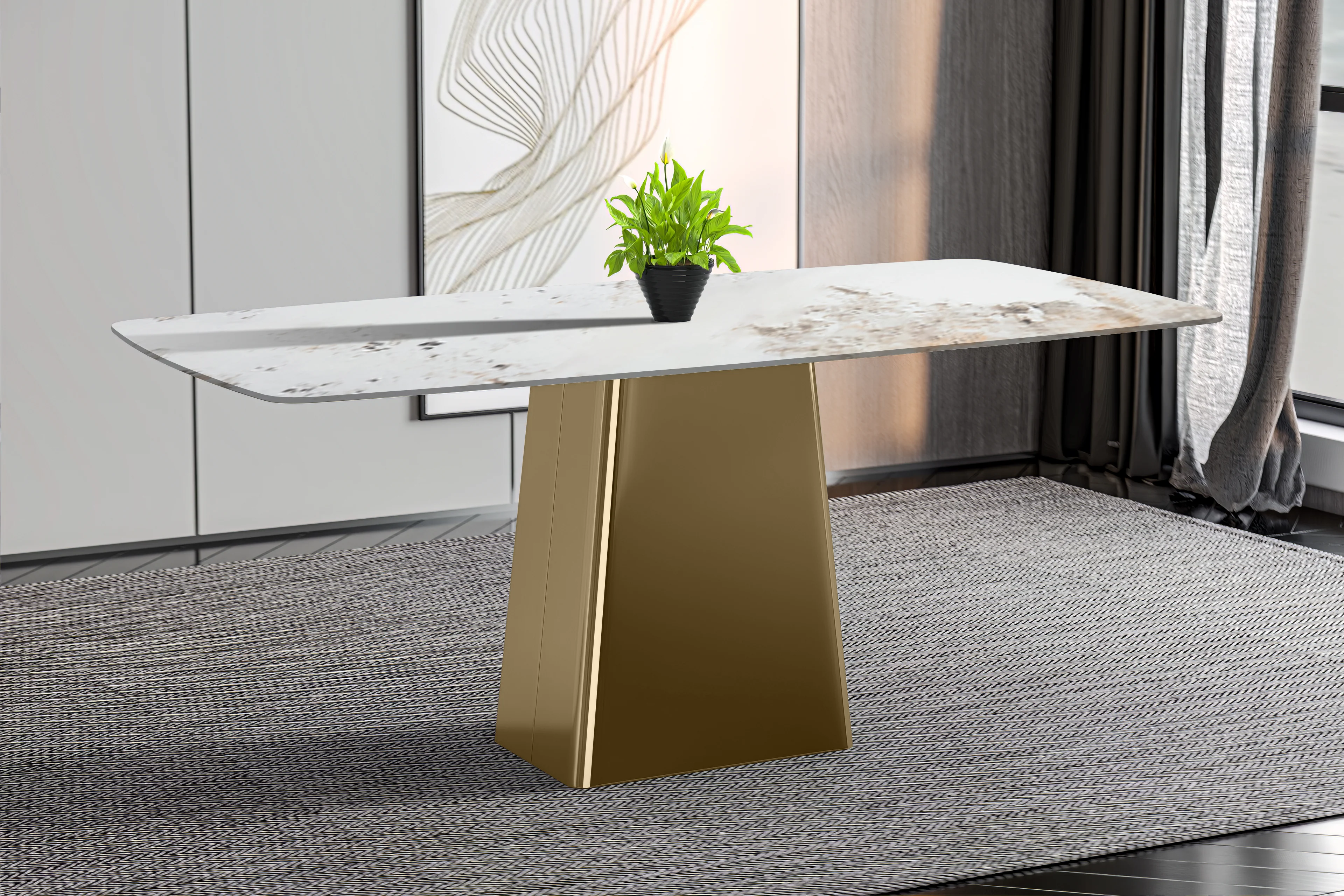 Quinix Series Dining Table, Gold Base With 71" White Grey Sintered Stone Top