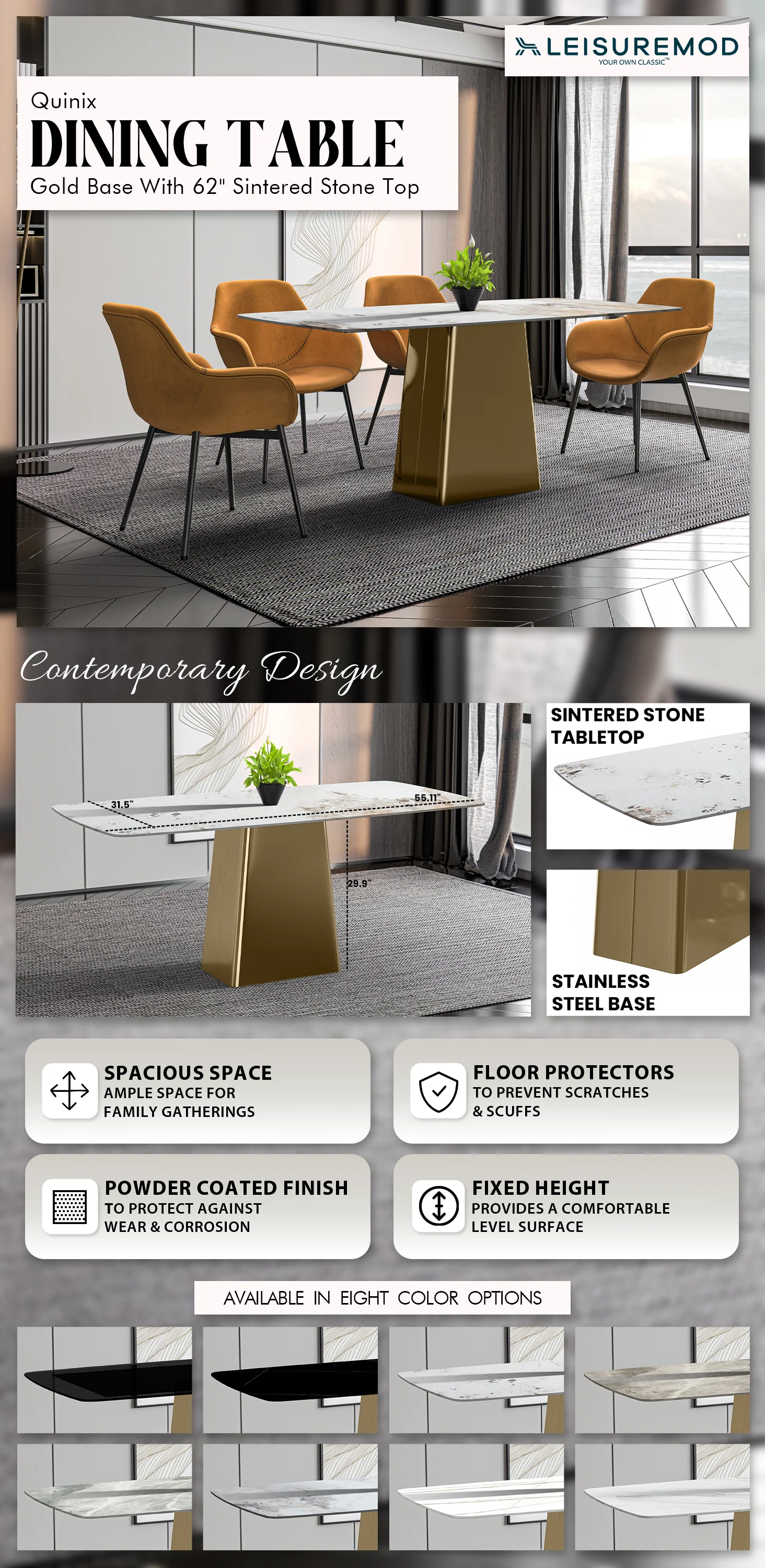 Quinix Series Dining Table, Gold Base With 71" White Grey Sintered Stone Top