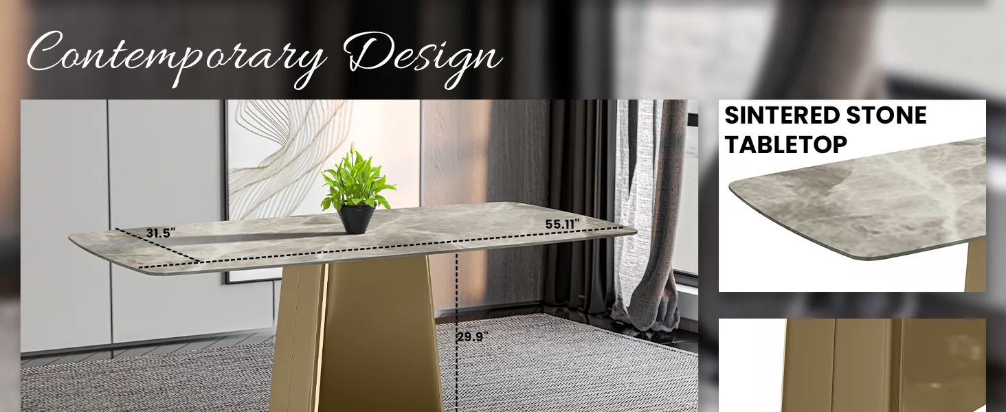 Quinix Series Dining Table, Gold Base With 71" Deep Grey Sintered Stone Top