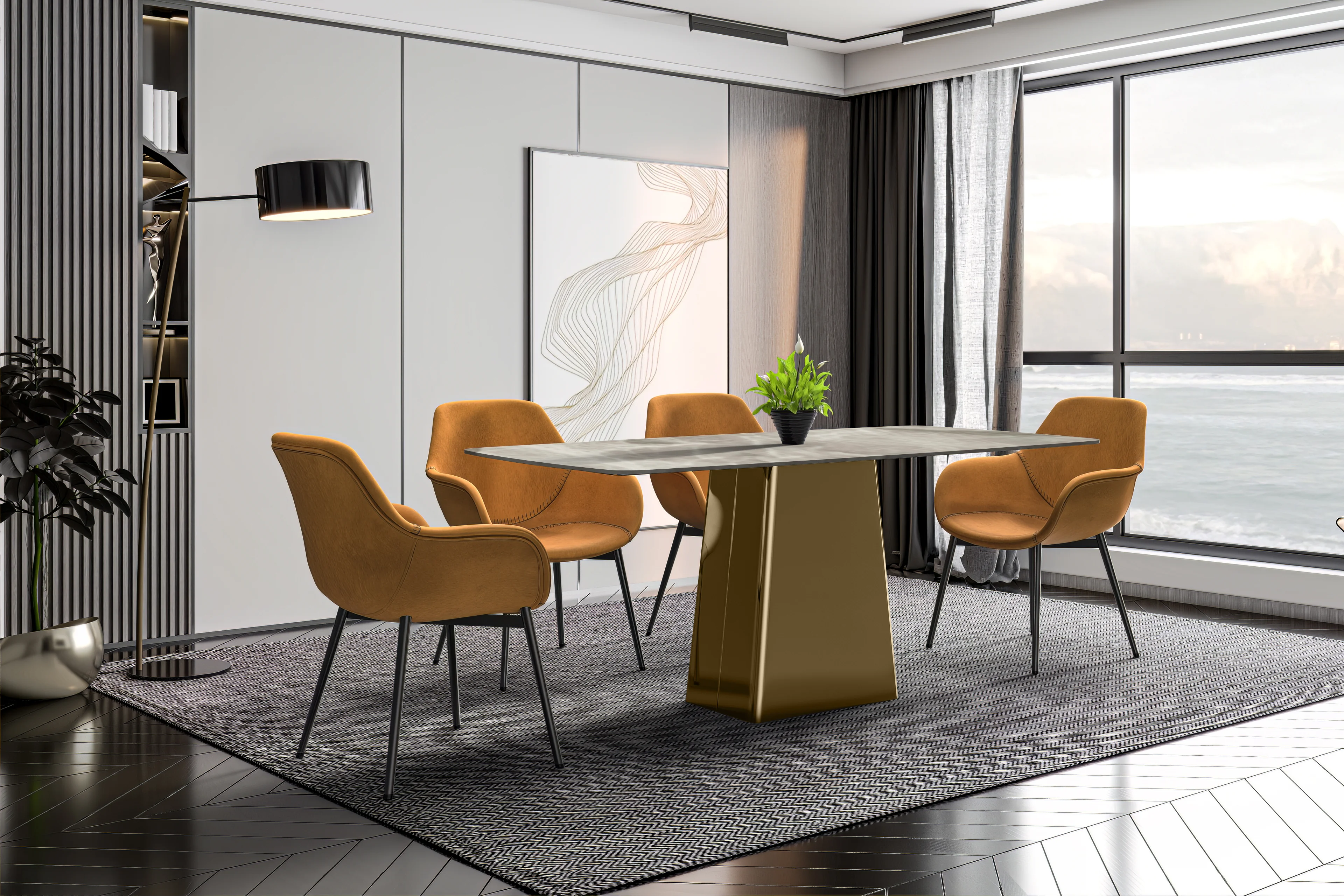 Quinix Series Dining Table, Gold Base With 71" Deep Grey Sintered Stone Top