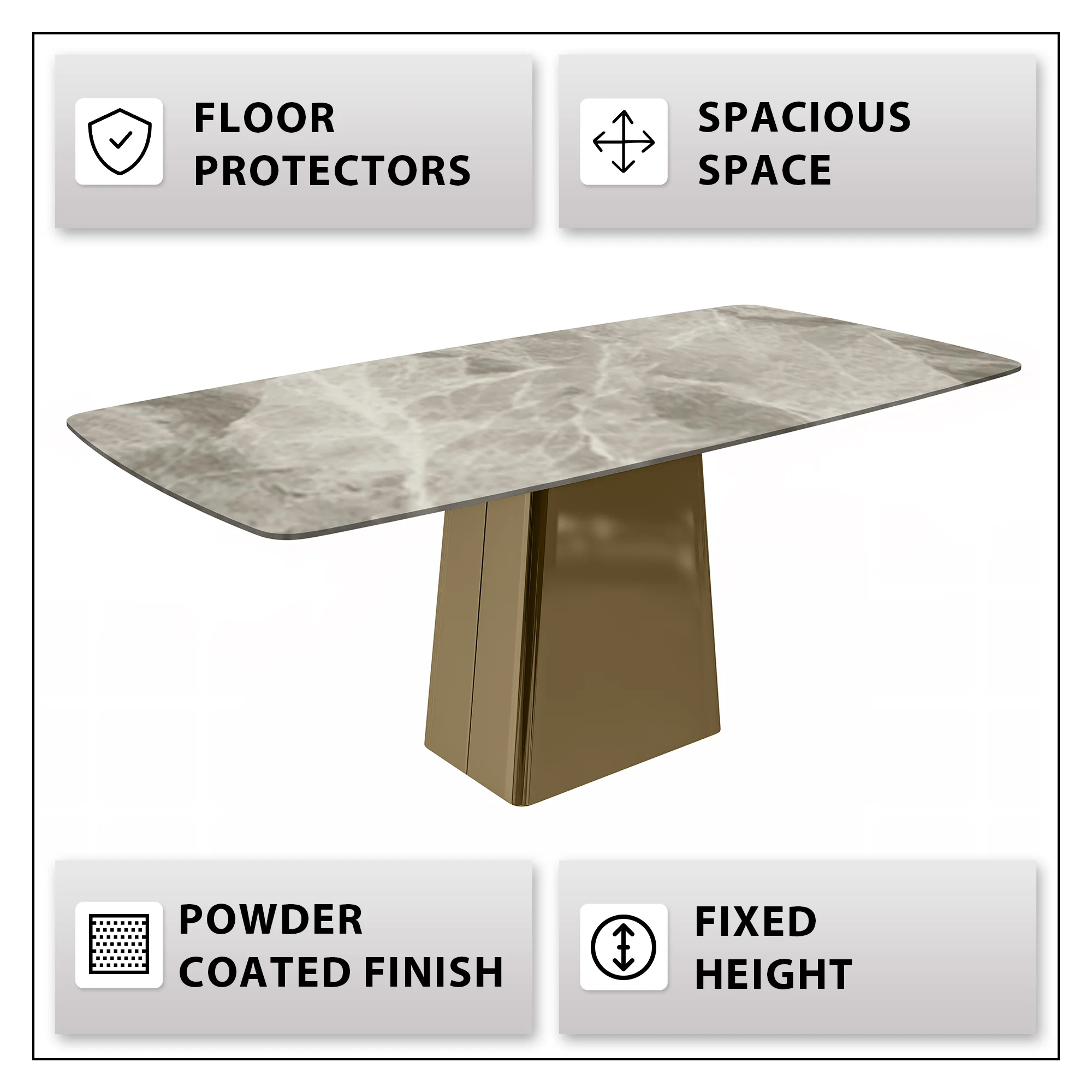 Quinix Series Dining Table, Gold Base With 71" Deep Grey Sintered Stone Top