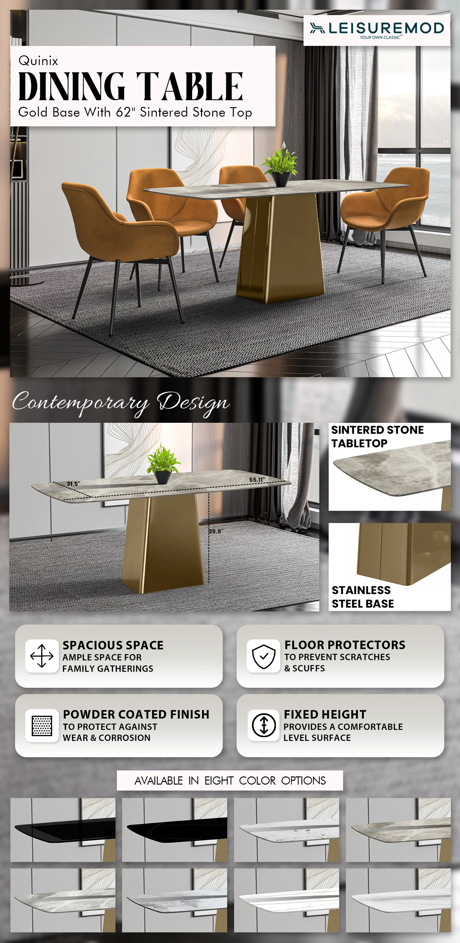 Quinix Series Dining Table, Gold Base With 71" Deep Grey Sintered Stone Top