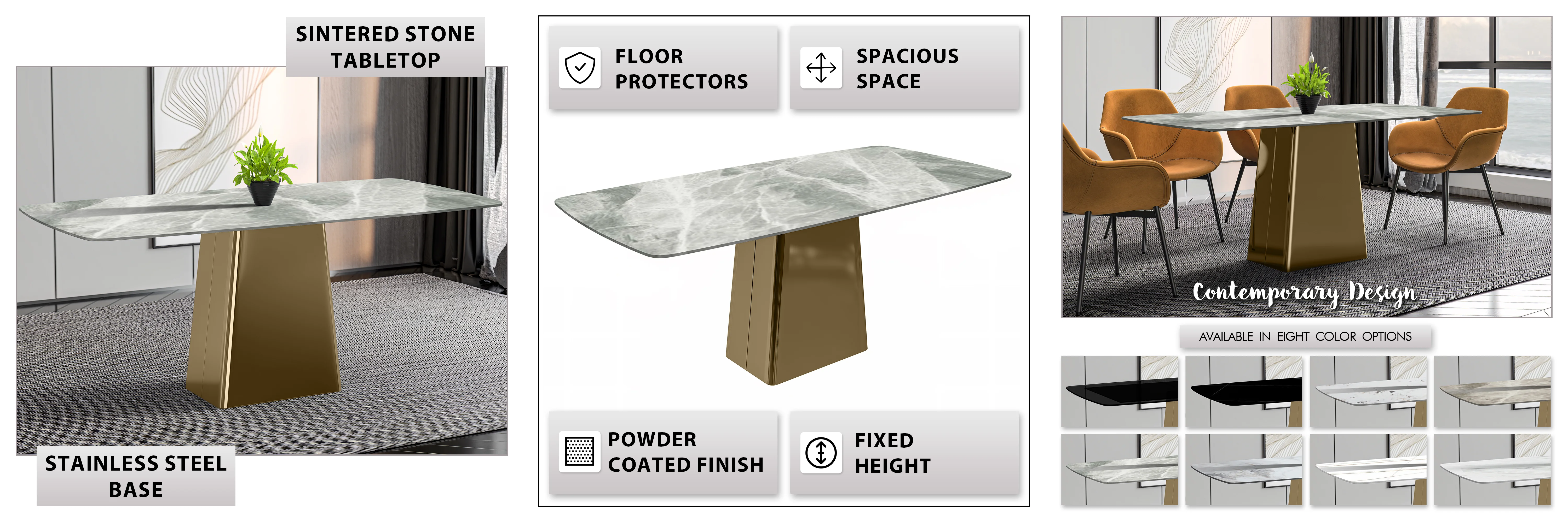 Quinix Series Dining Table, Gold Base With 71" Light Grey Sintered Stone Top