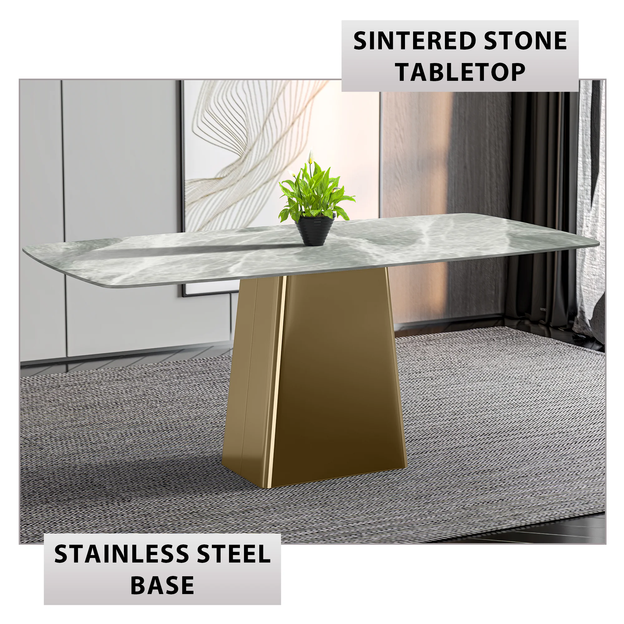 Quinix Series Dining Table, Gold Base With 71" Light Grey Sintered Stone Top
