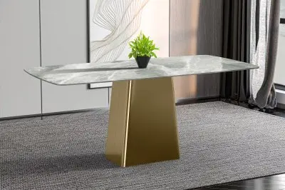 Quinix Series Dining Table, Gold Base With 71" Light Grey Sintered Stone Top