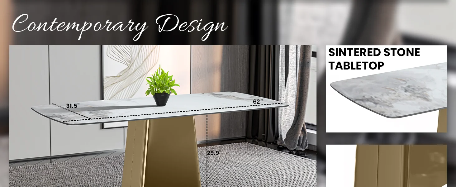 Quinix Series Dining Table, Gold Base With 71" Medium Grey Sintered Stone Top