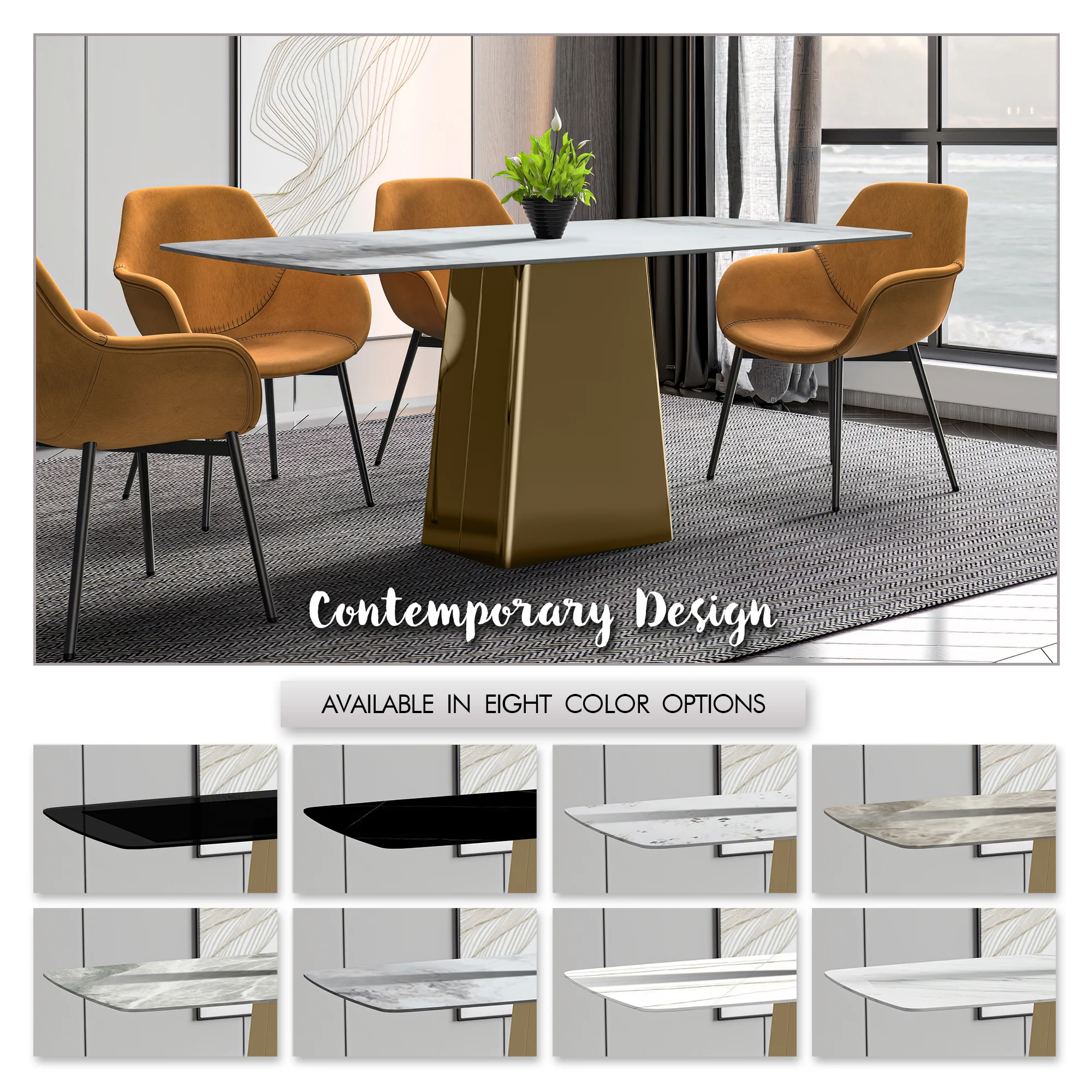 Quinix Series Dining Table, Gold Base With 71" Medium Grey Sintered Stone Top