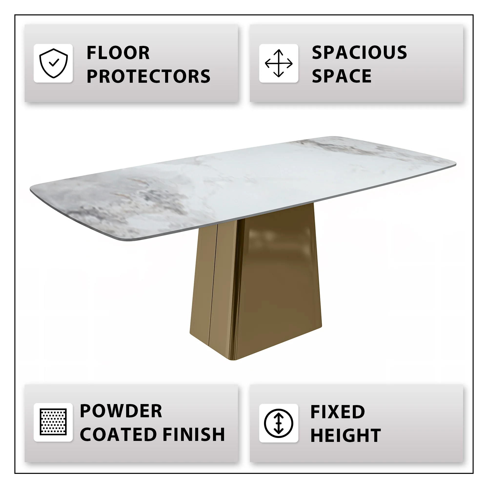 Quinix Series Dining Table, Gold Base With 71" Medium Grey Sintered Stone Top