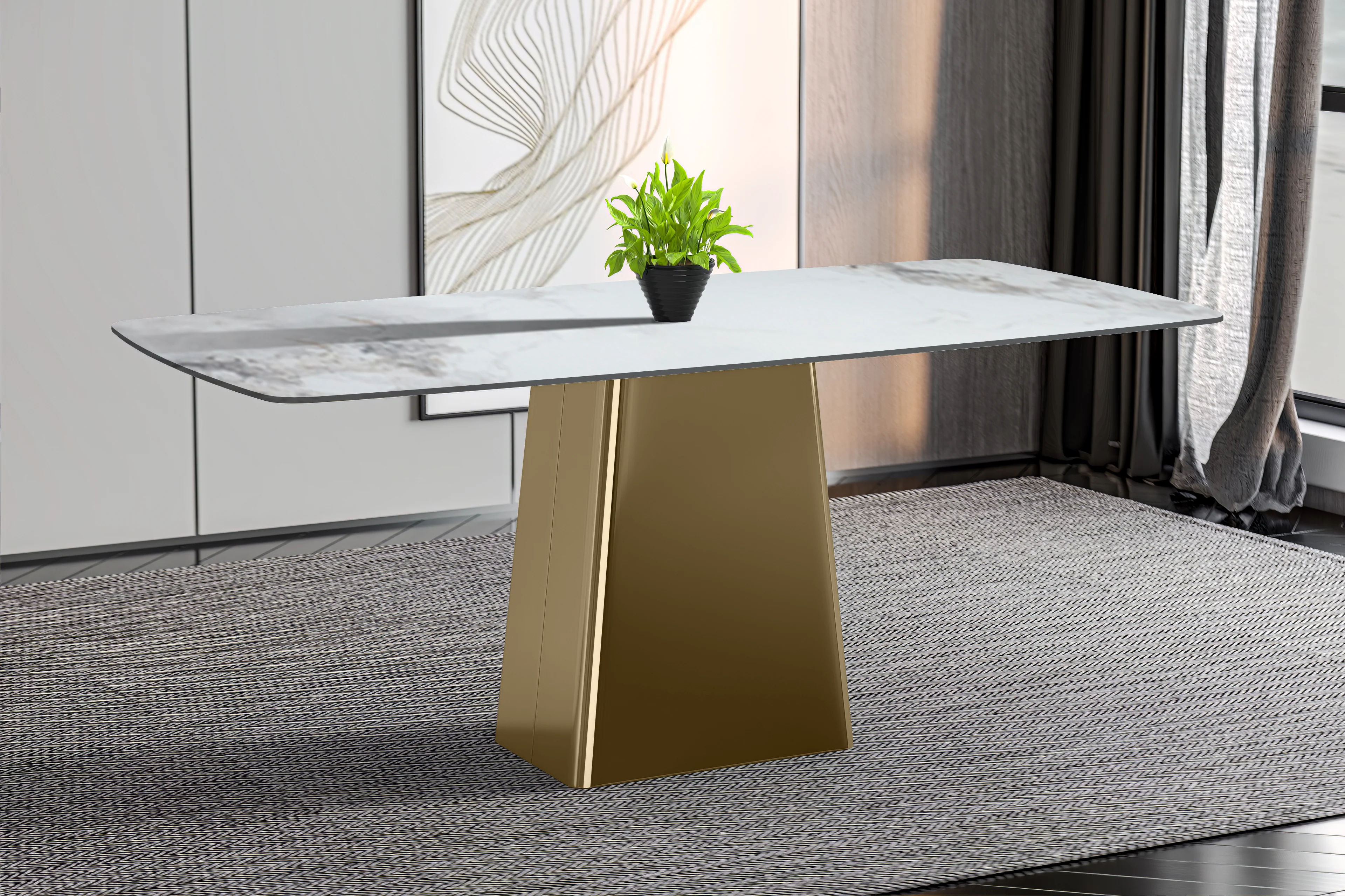 Quinix Series Dining Table, Gold Base With 71" Medium Grey Sintered Stone Top