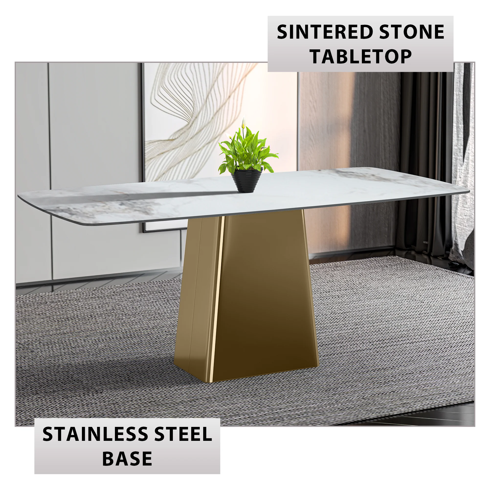 Quinix Series Dining Table, Gold Base With 71" Medium Grey Sintered Stone Top