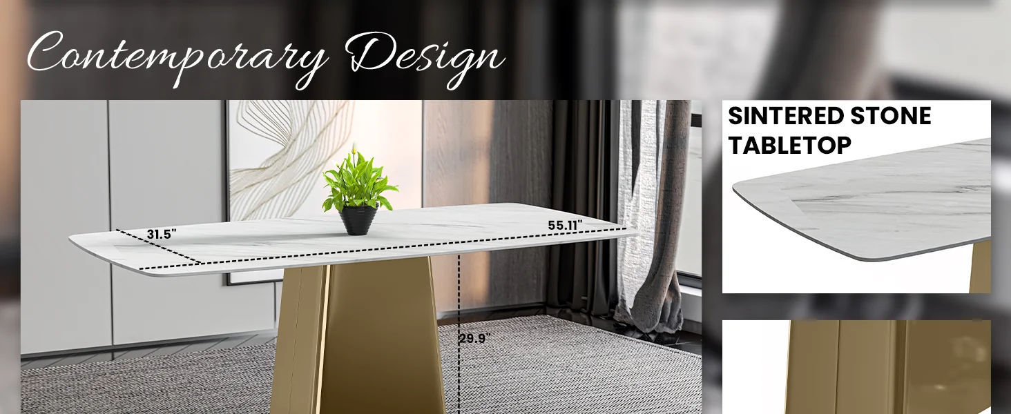 Quinix Series Dining Table, Gold Base With 71" White Sintered Stone Top
