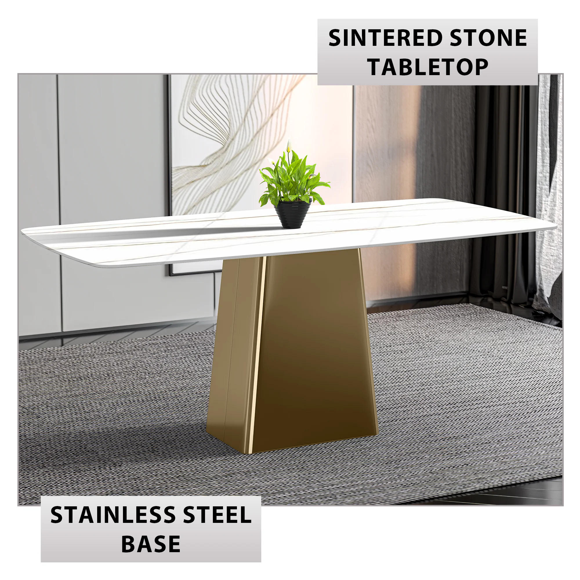 Quinix Series Dining Table, Gold Base With 71" White/Gold Sintered Stone Top