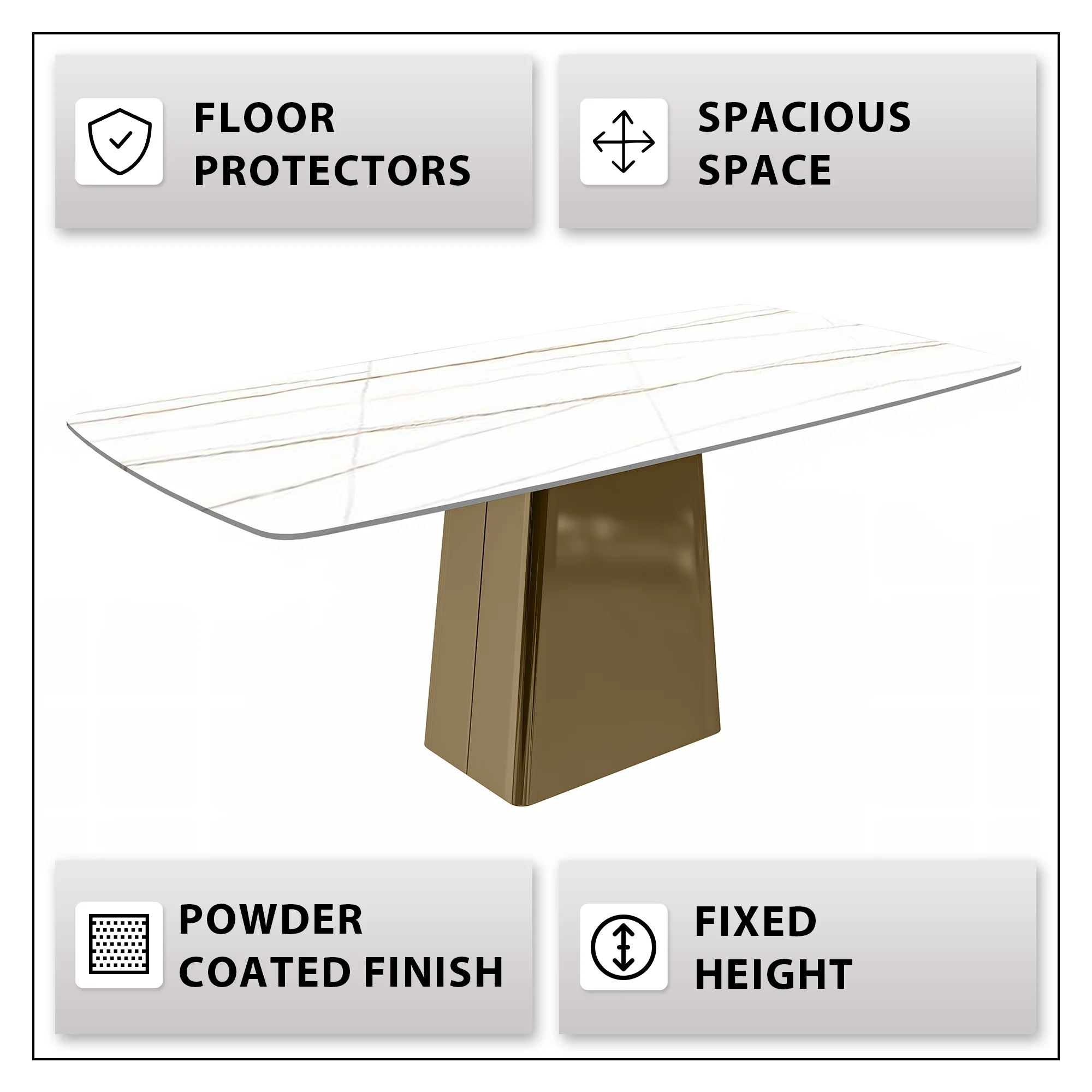 Quinix Series Dining Table, Gold Base With 71" White/Gold Sintered Stone Top