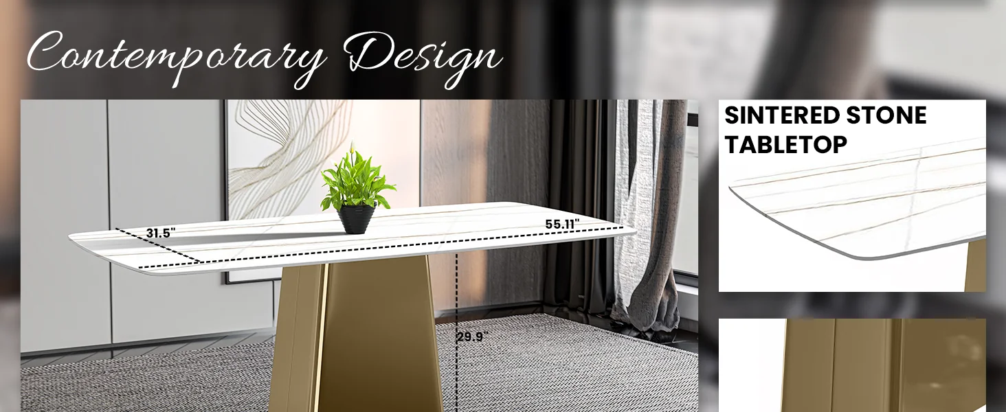 Quinix Series Dining Table, Gold Base With 71" White/Gold Sintered Stone Top