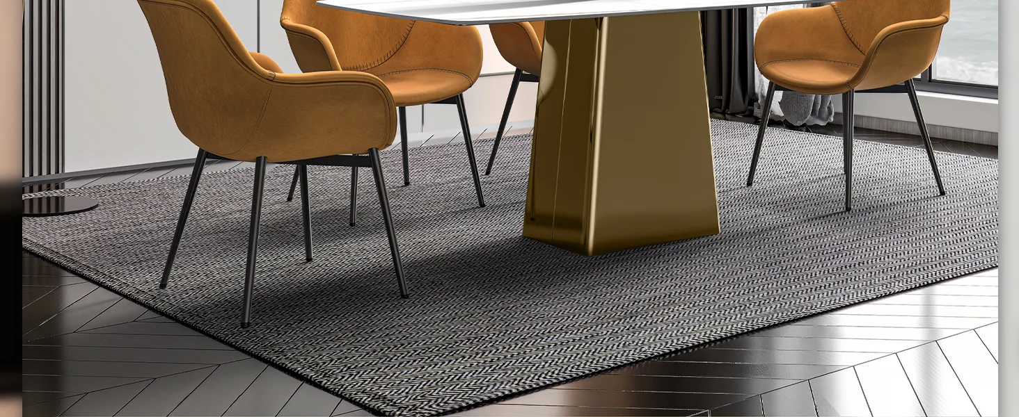 Quinix Series Dining Table, Gold Base With 71" White/Gold Sintered Stone Top