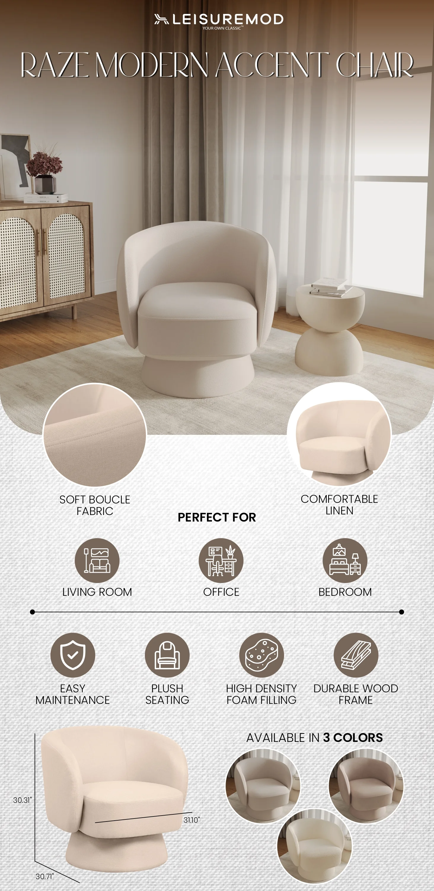 Raze Collection Modern Accent Chair in Oatmean Linen