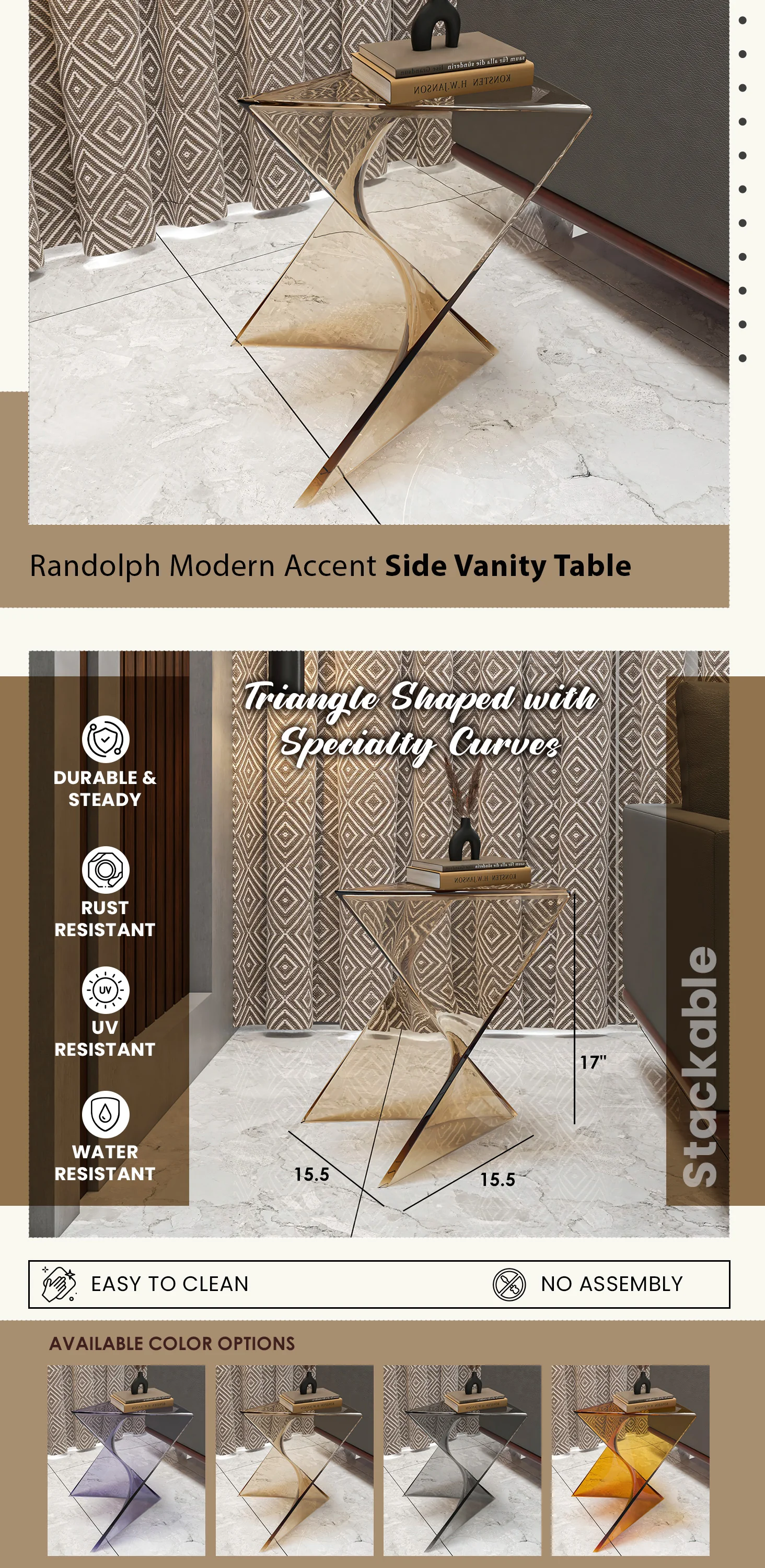 Randolph Modern Accent Side Table Indoor and Outdoor Use Transparant Amber