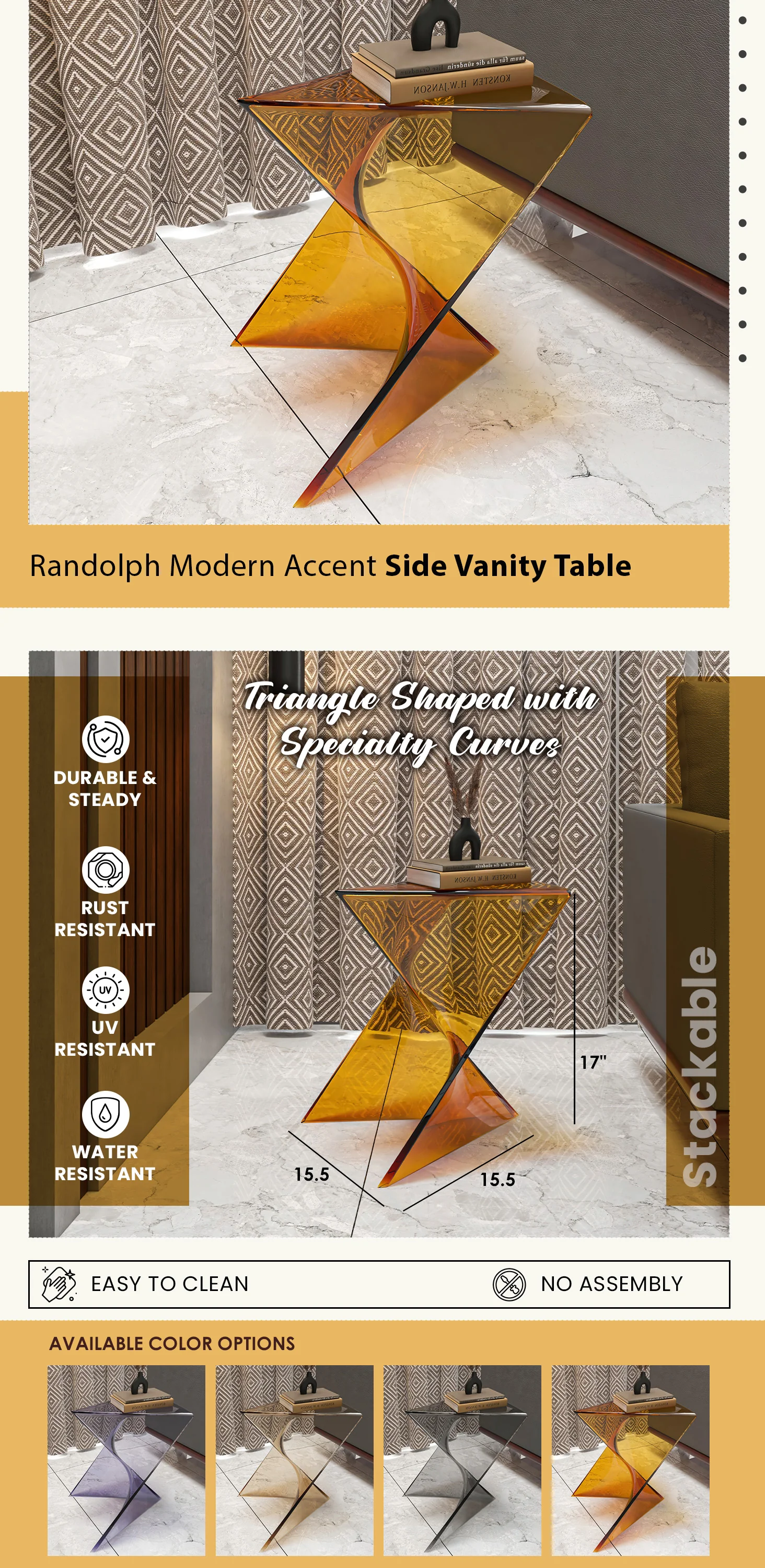 Randolph Modern Accent Side Table Indoor and Outdoor Use Transparant Tea