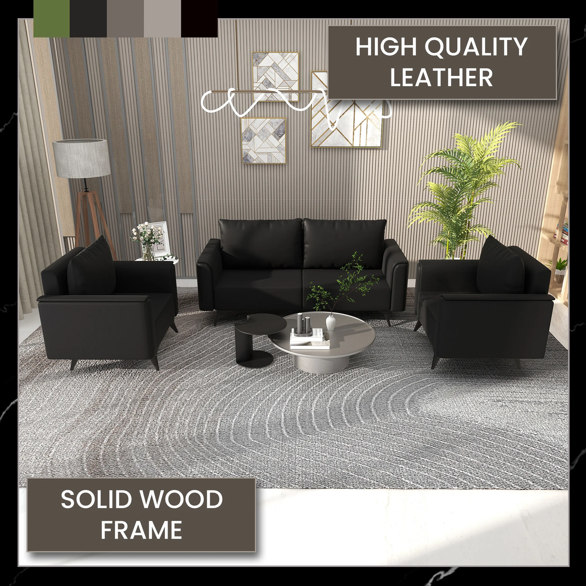 Rusk 3 Piece Sofa collection in Black Leather